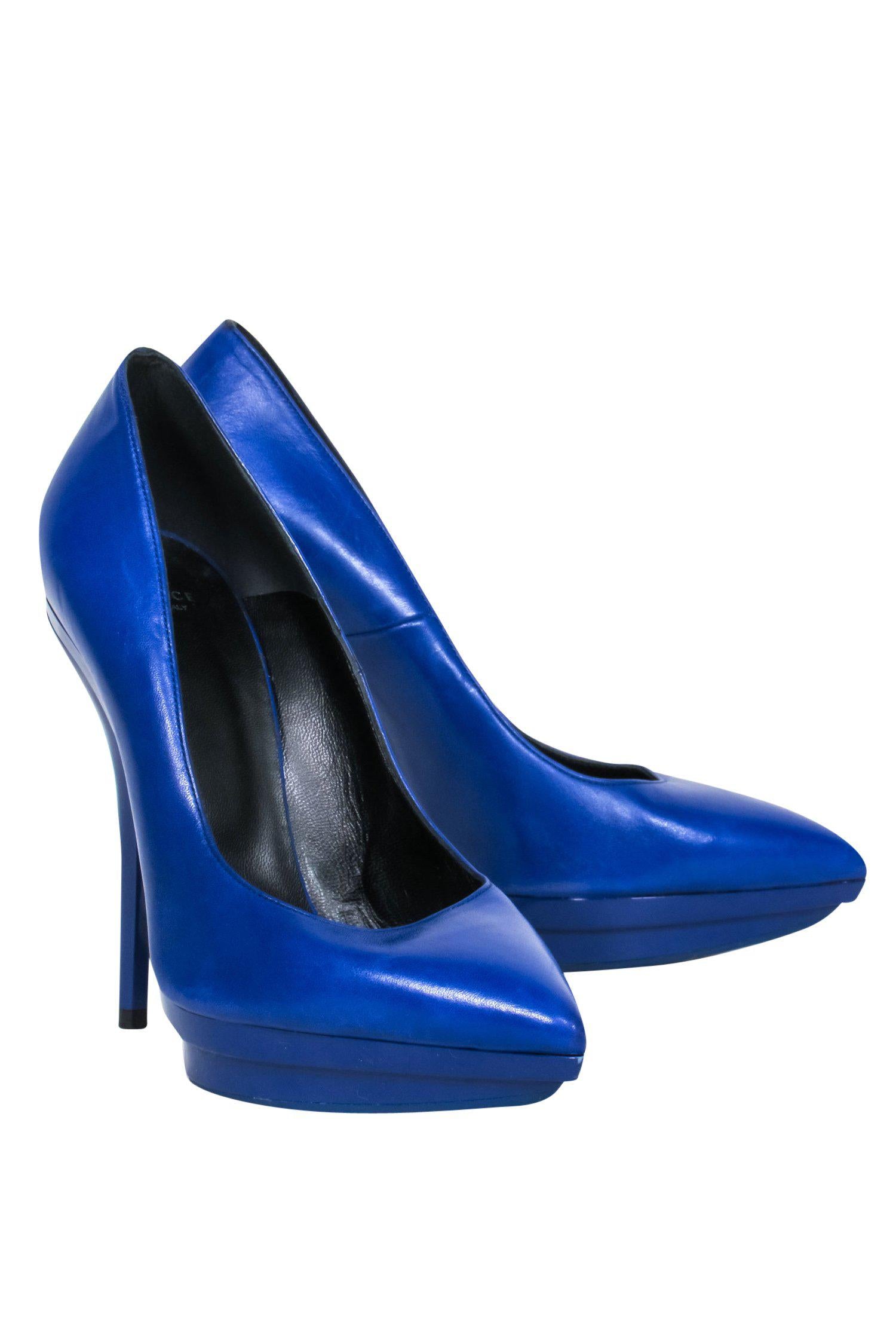 Versace Cobalt Blue Leather Pointed-Toe Platform Stilettos - Size 8