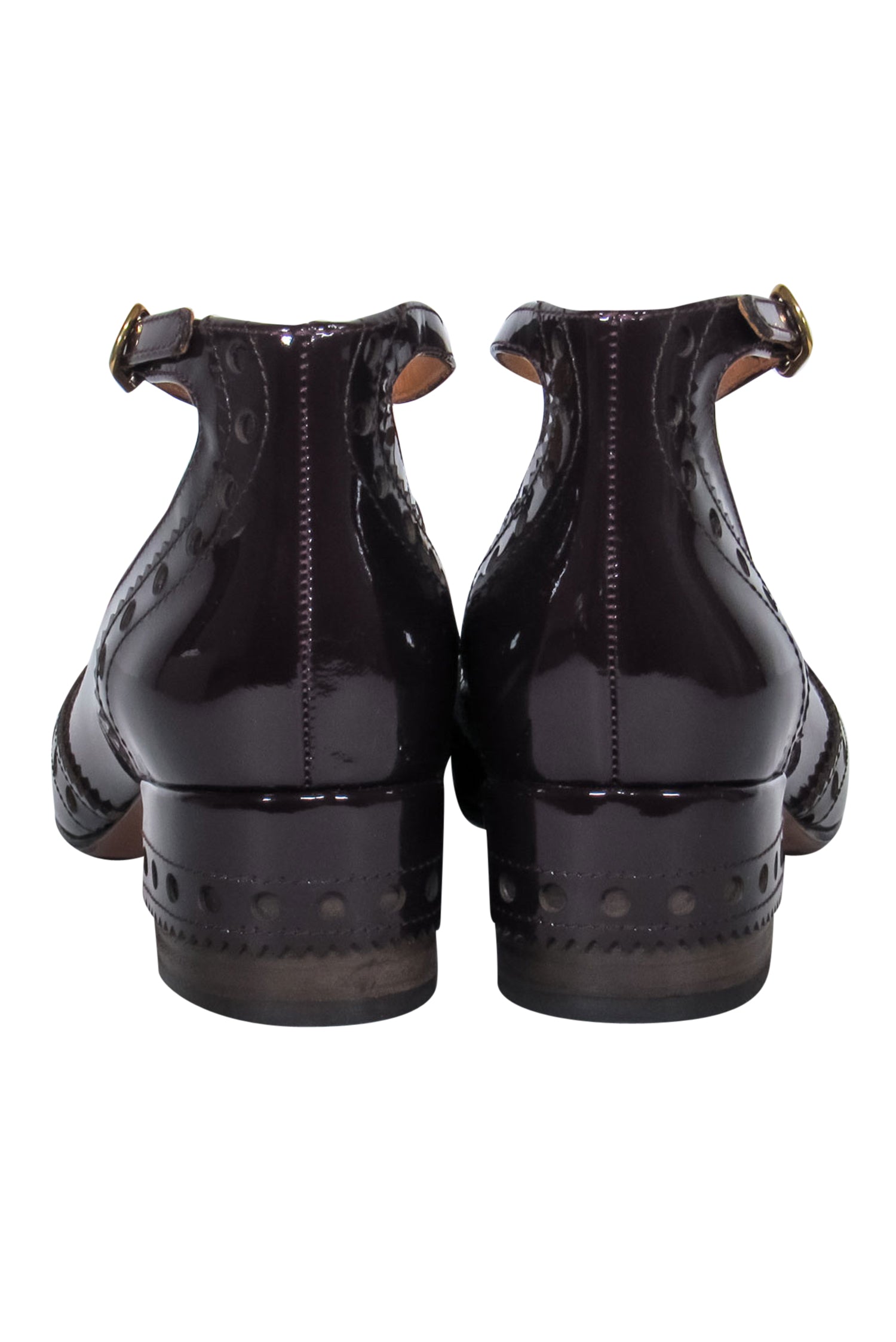 Chloe's Stunning Maroon Patent T-Strap Mary Jane Pumps with Loafer Embroidery - Size 8