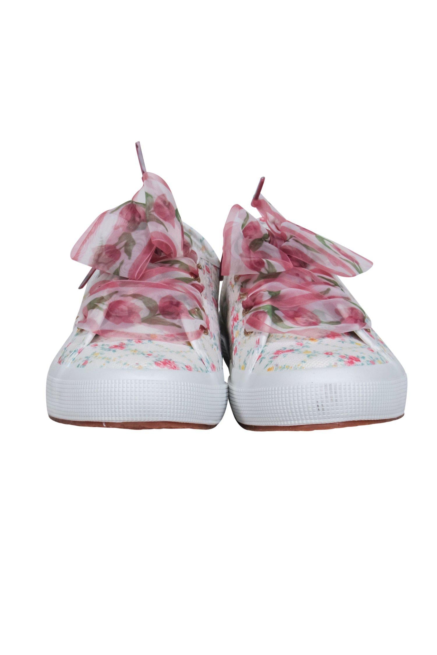 Superga x LoveShackFancy - Adorable White & Multicolored Floral Print Lace - Up Sneakers in Size 7.5