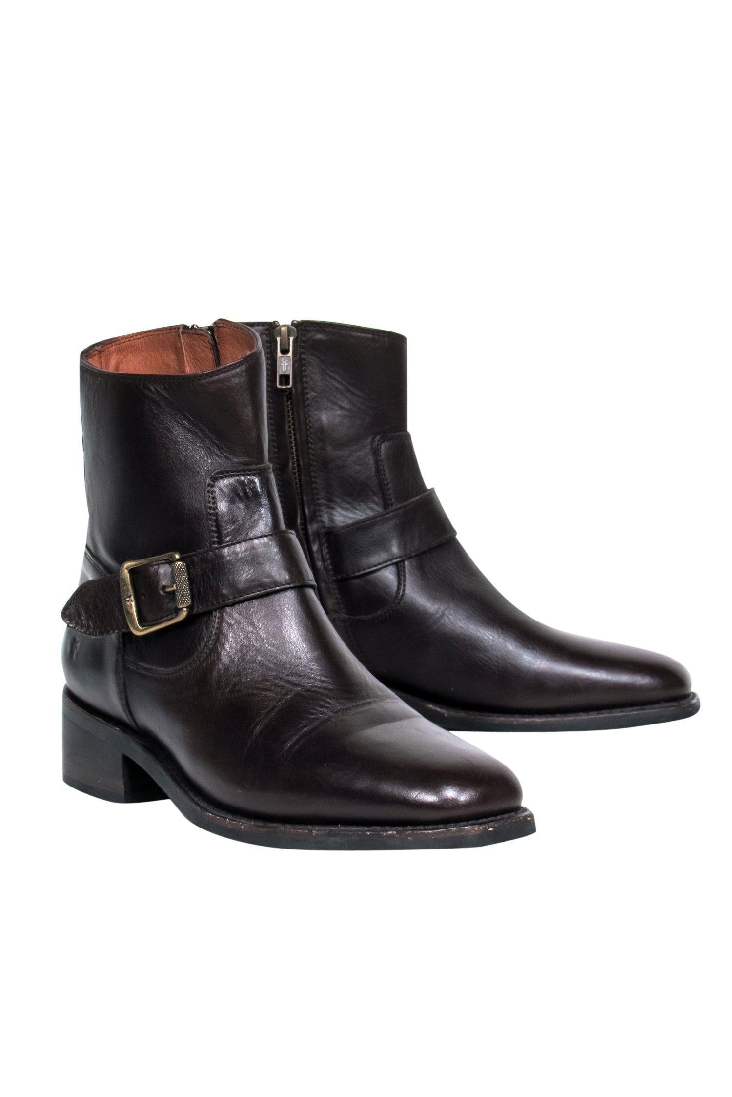 Frye's Stylish Brown Leather Ankle Booties with Buckle - Size 8.5