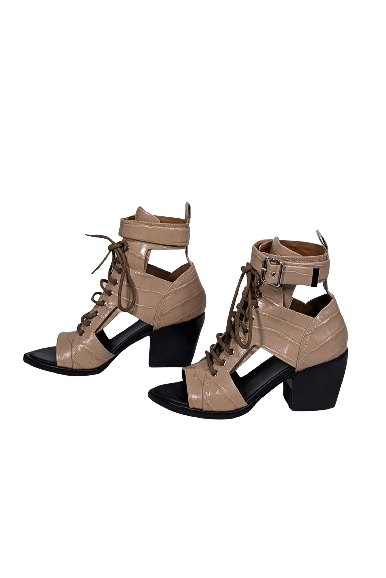 Chloe - Stylish Beige Croc Embossed Cutout Lace Up Short Boots in Size 9