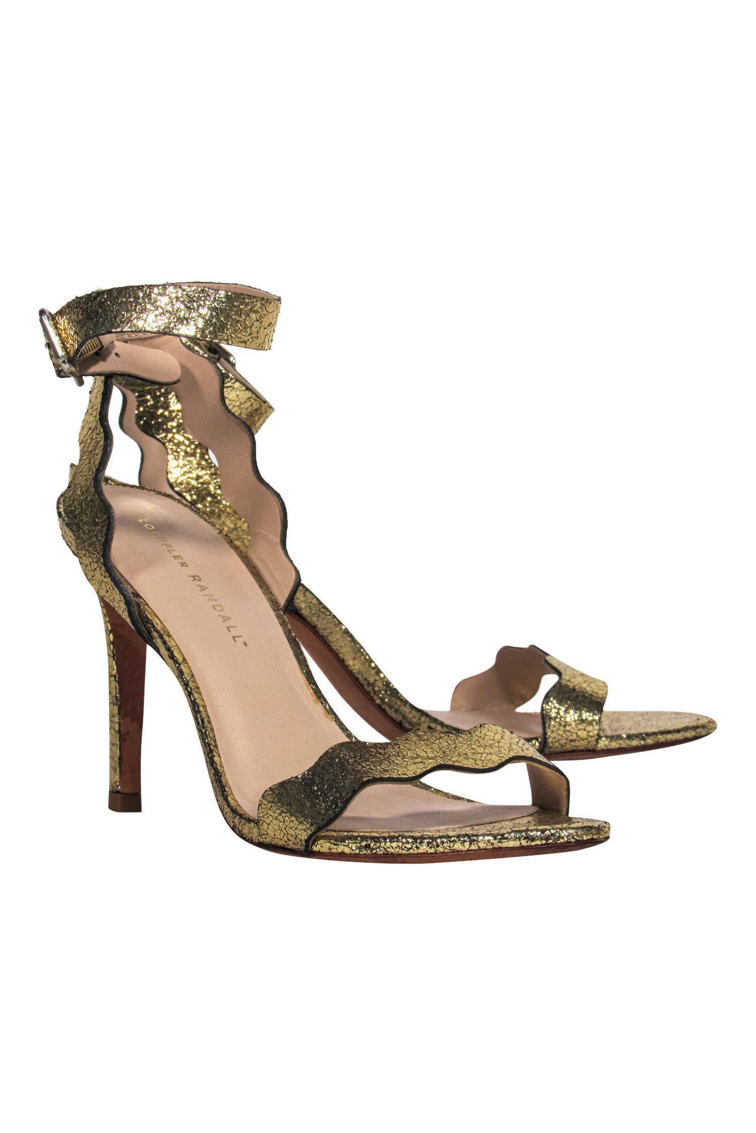 Loeffler Randall Gold Crackled Leather Squiggly Strap Pumps - Size 8: Glam Up Your Look!