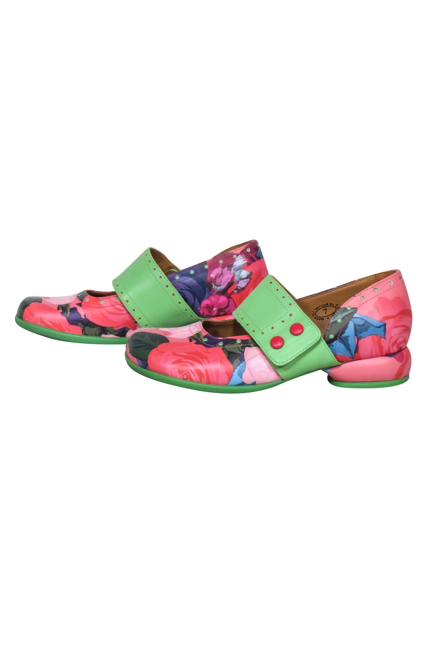 John Fluevog Green & Rose Floral Print Leather Mary Janes - Size 7
