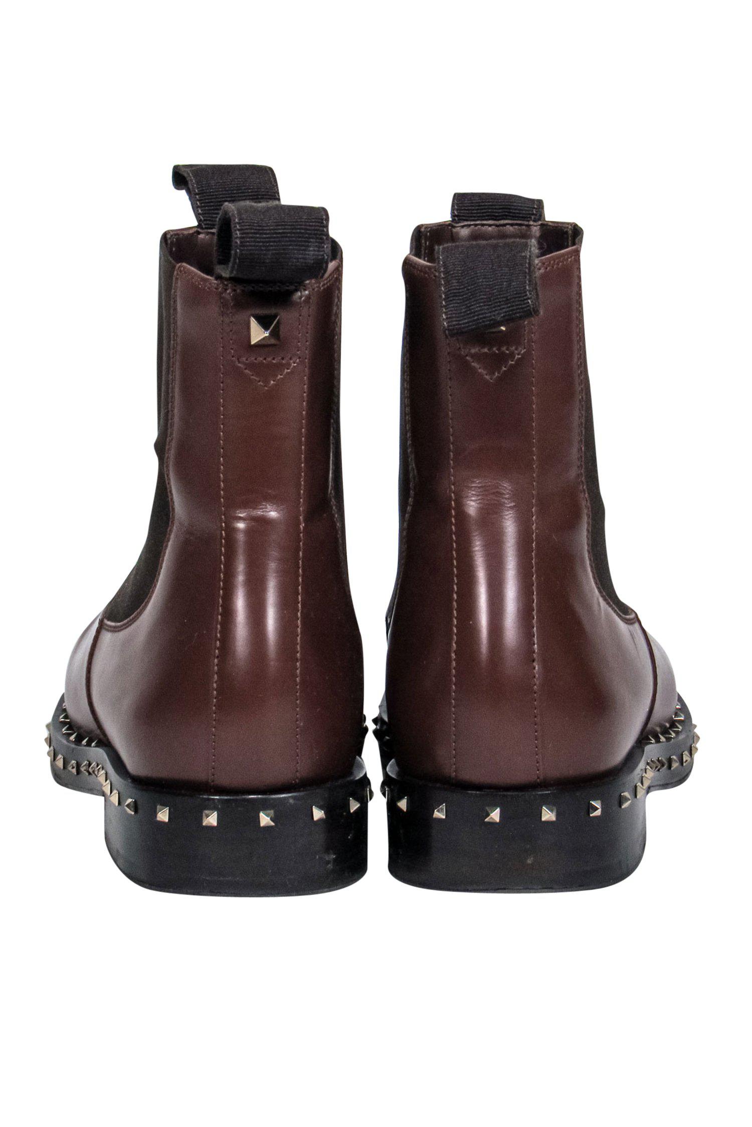 Valentino Brown Studded Leather Chelsea Booties - Size 6.5