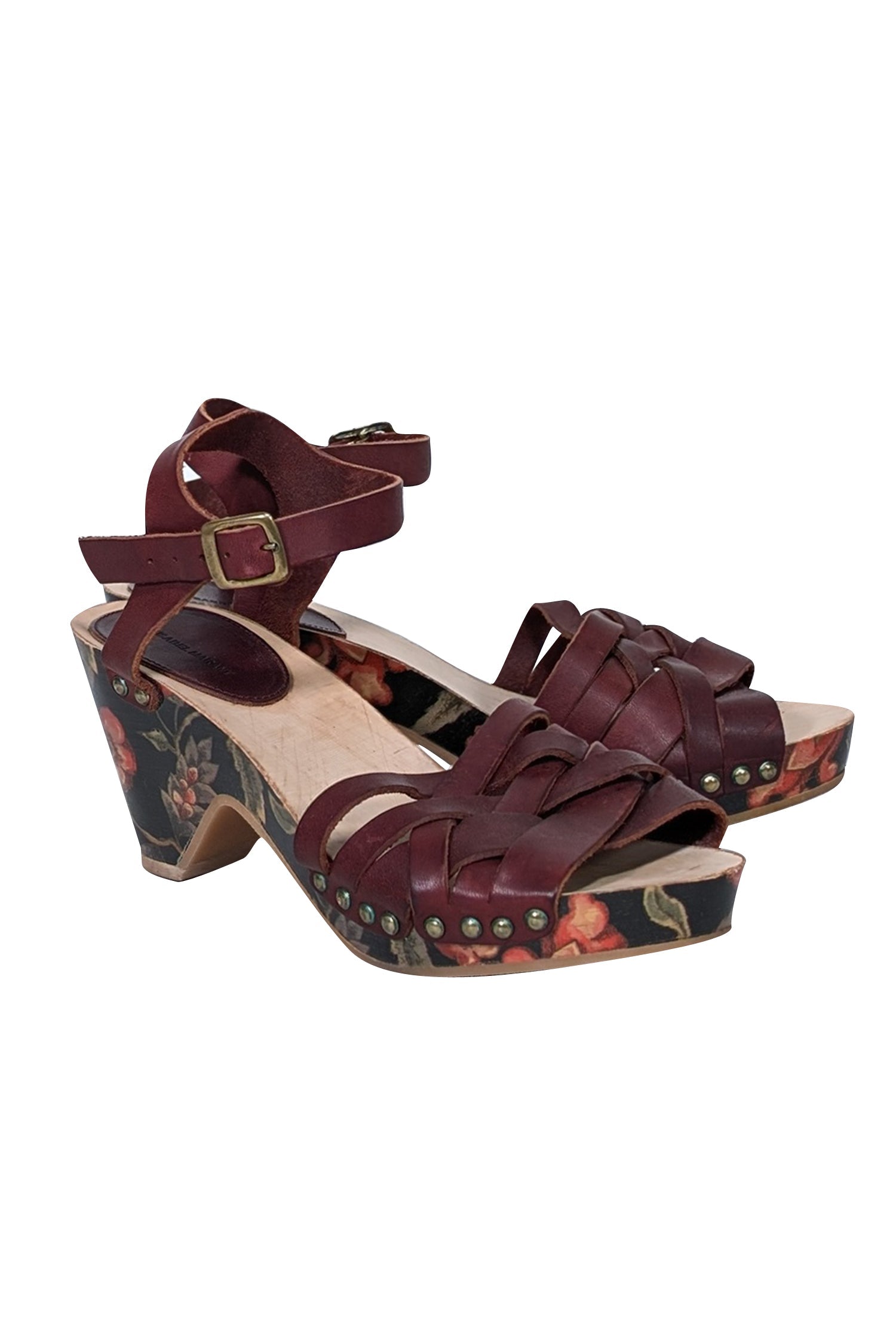 Isabel Marant's Stunning Maroon Floral Print Wooden Strappy Sandals - Size 9