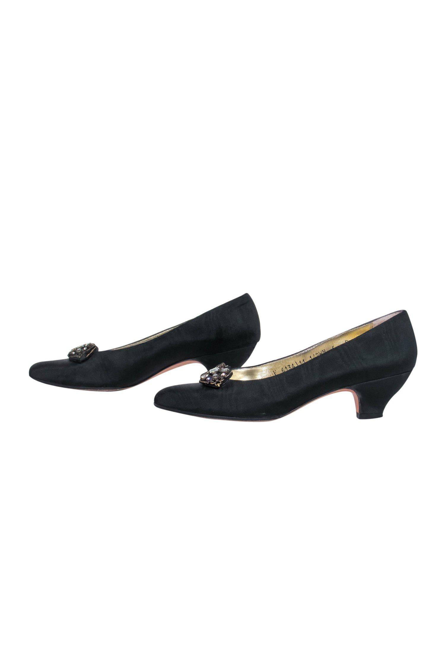 Ferragamo Black Satin Kitten Heels with Jeweled Applique - Size 6