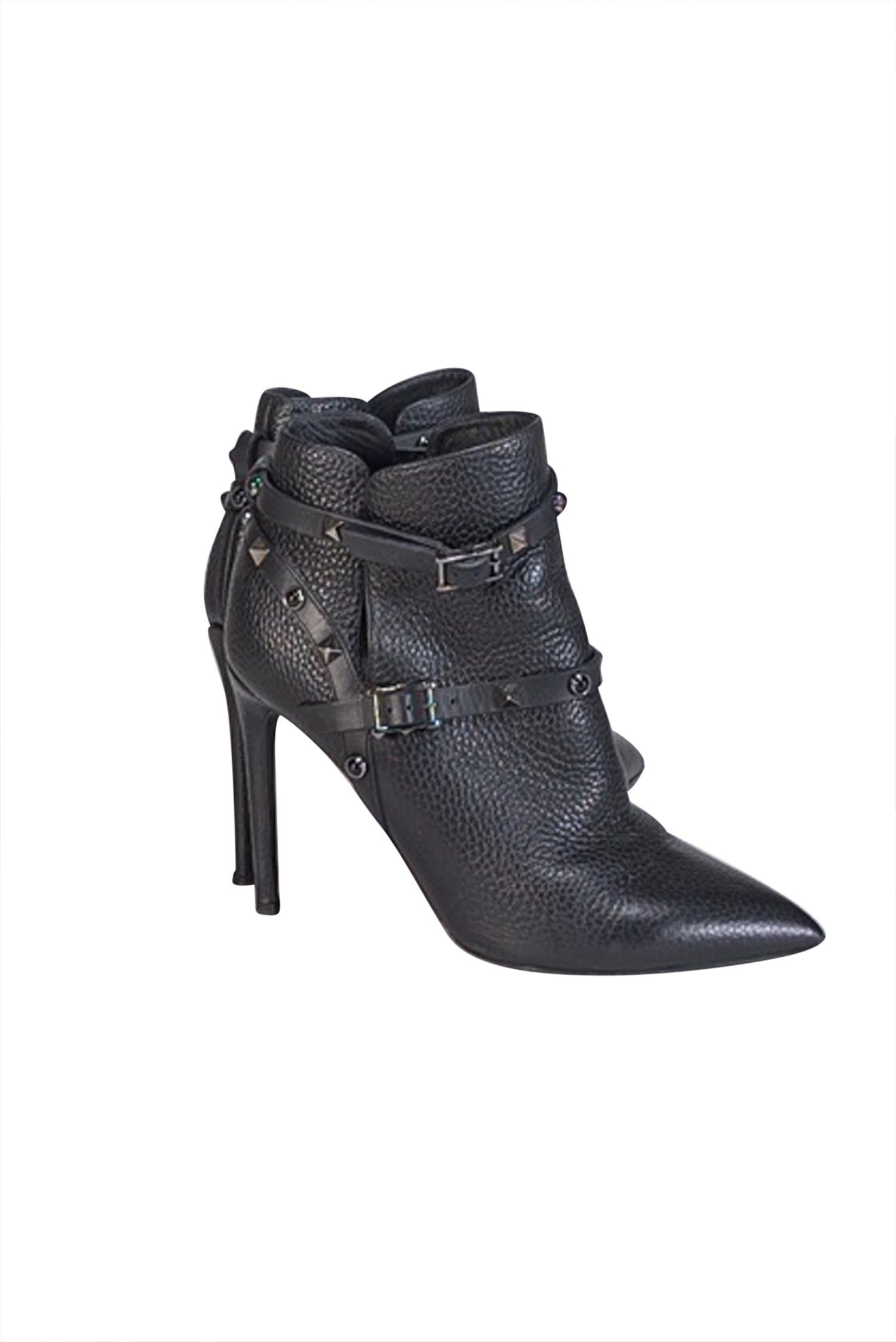 Valentino's Edgy Black Pebbled Leather Studded Short - Heel Boots, Size 7