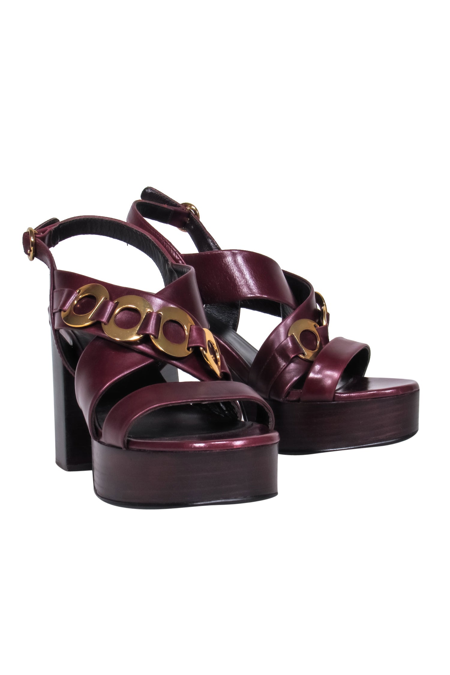 See by Chloe Maroon Gold-Chained Platform Heels - Size 7.5