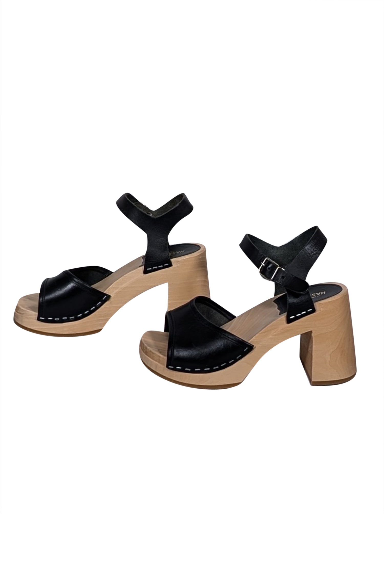 Swedish Hasbeens Black Leather Strappy Wooden Clog Sandals - Size 6