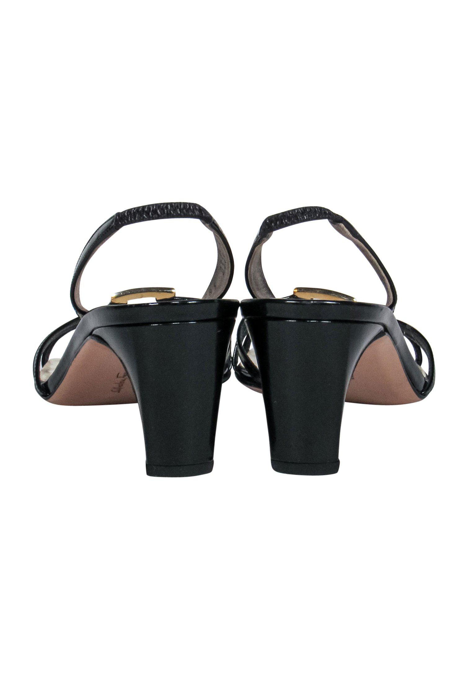 Ferragamo Black Patent Leather Strappy Kitten Heels - Size 8 - Chic and Classy!