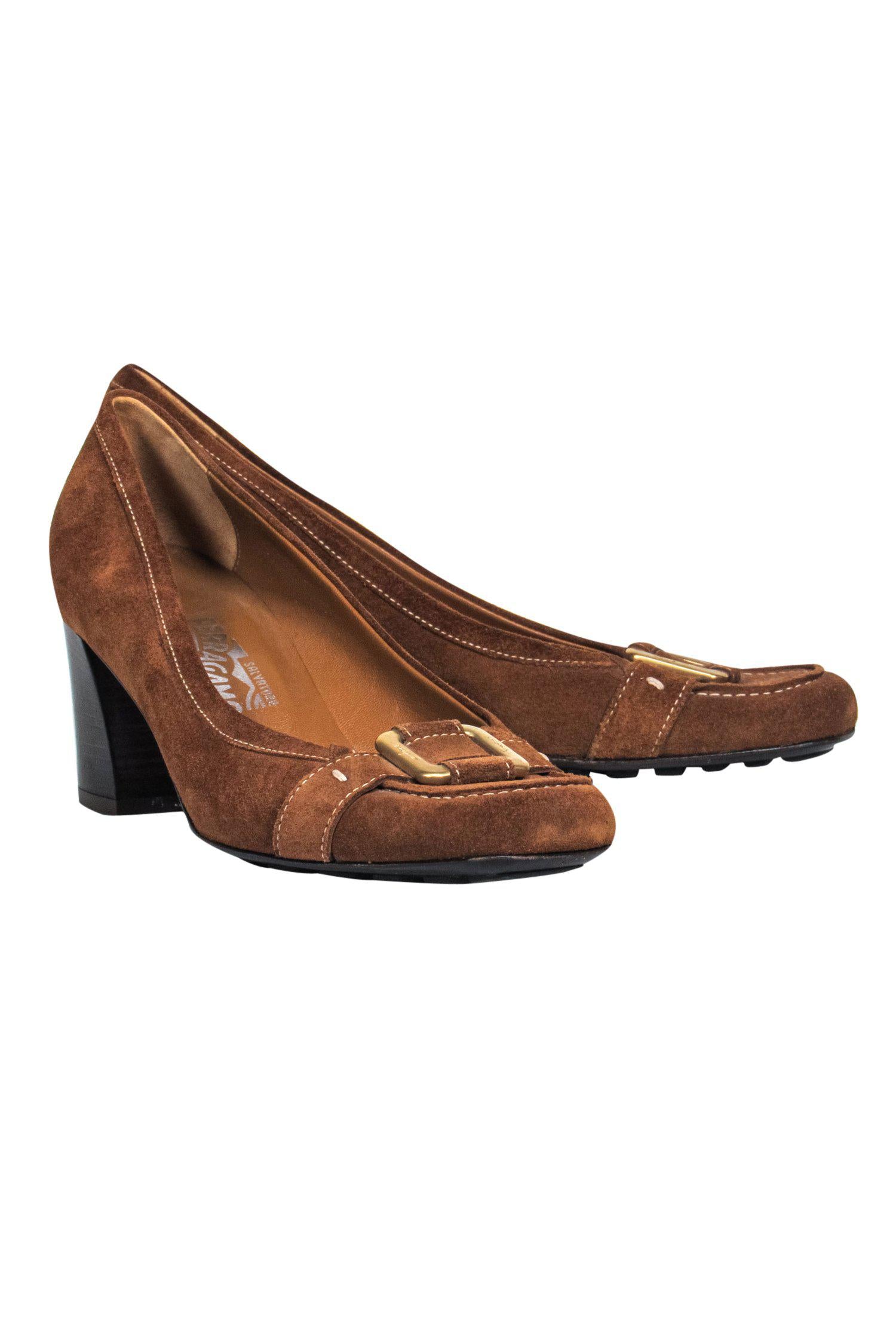 Ferragamo Brown Suede Buckle Loafer-Style Pumps - Size 9