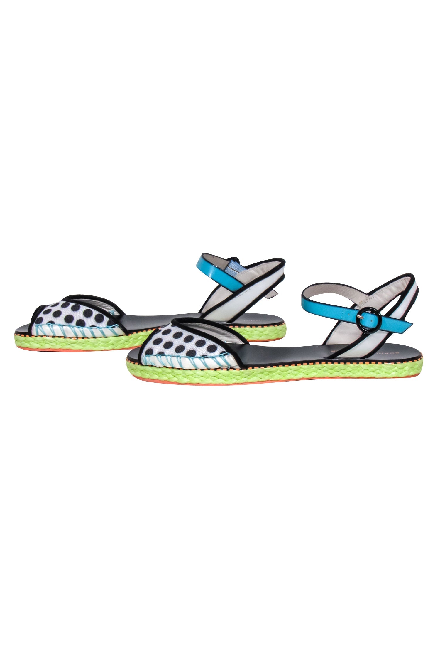Sophia Webster Summer Bliss: Black & White Polka Dot Sandals with Blue Straps - Size 7.5