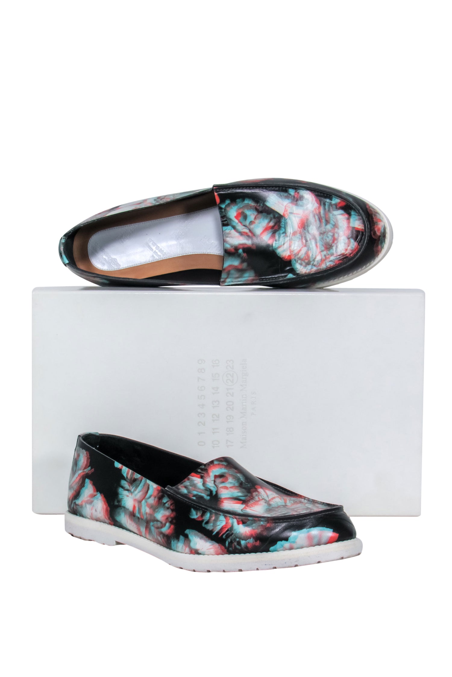 Maison Martin Margiela - Stunning Black & Multicolored 3D Floral Print Loafers in Size 10