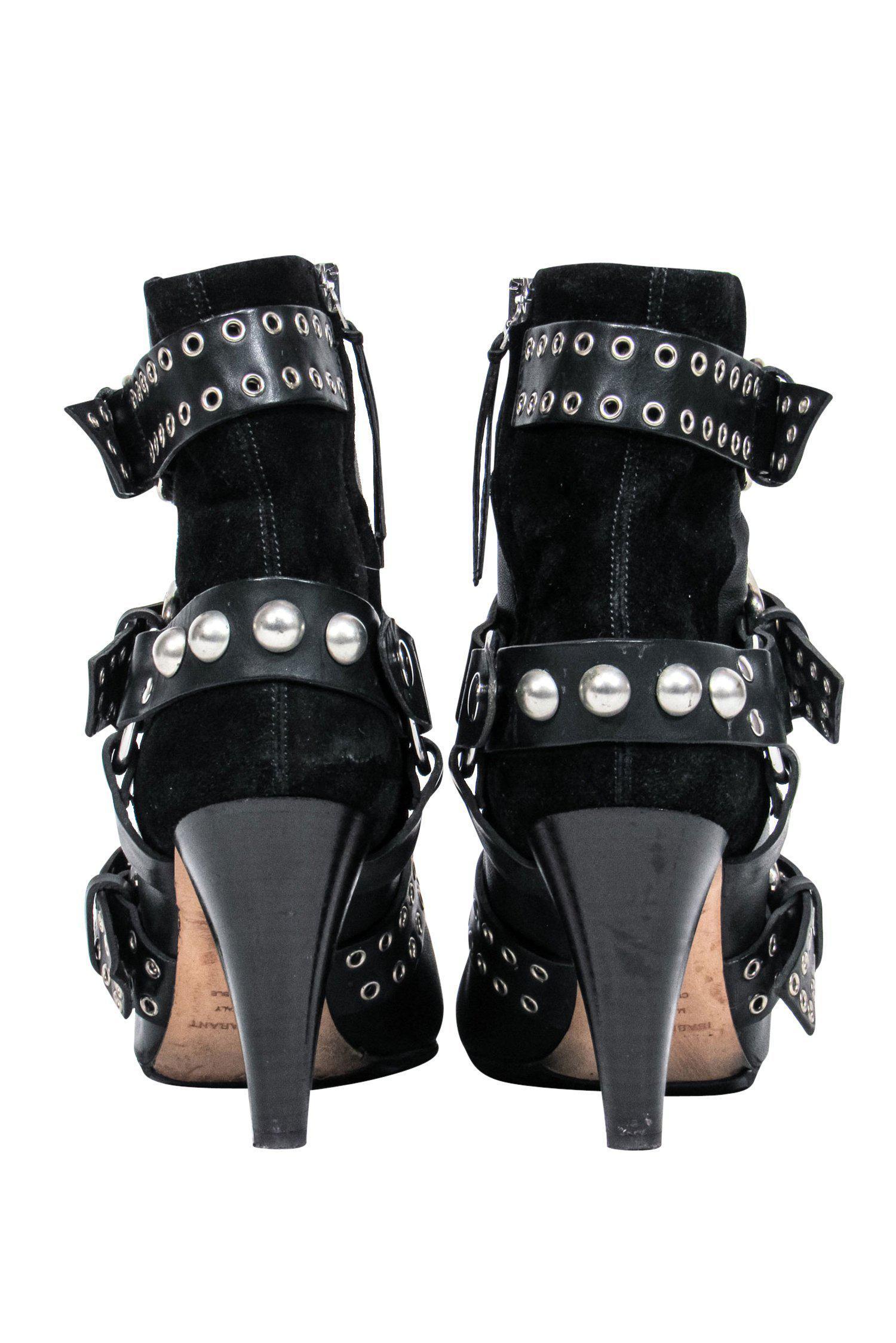 Isabel Marant Black Leather Buckled Heeled Booties with Suede Trim - Size 5.5
