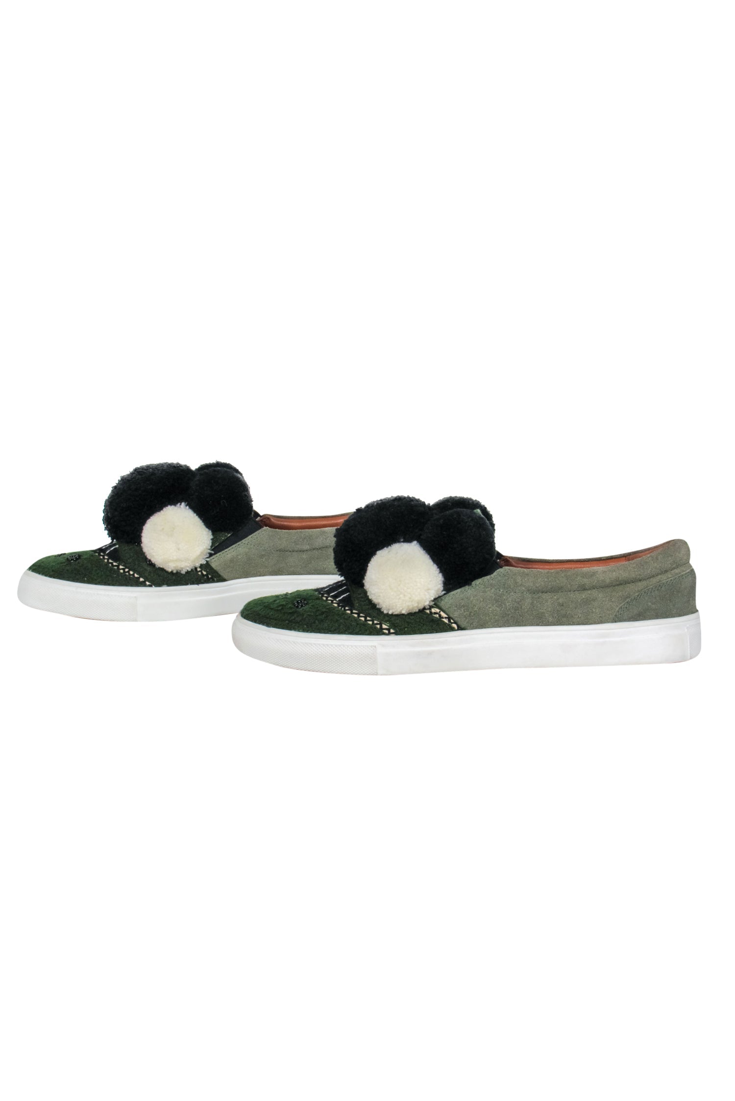 Figue Olive Green Suede Slip-on Sneakers with Pom-Poms - Size 9.5