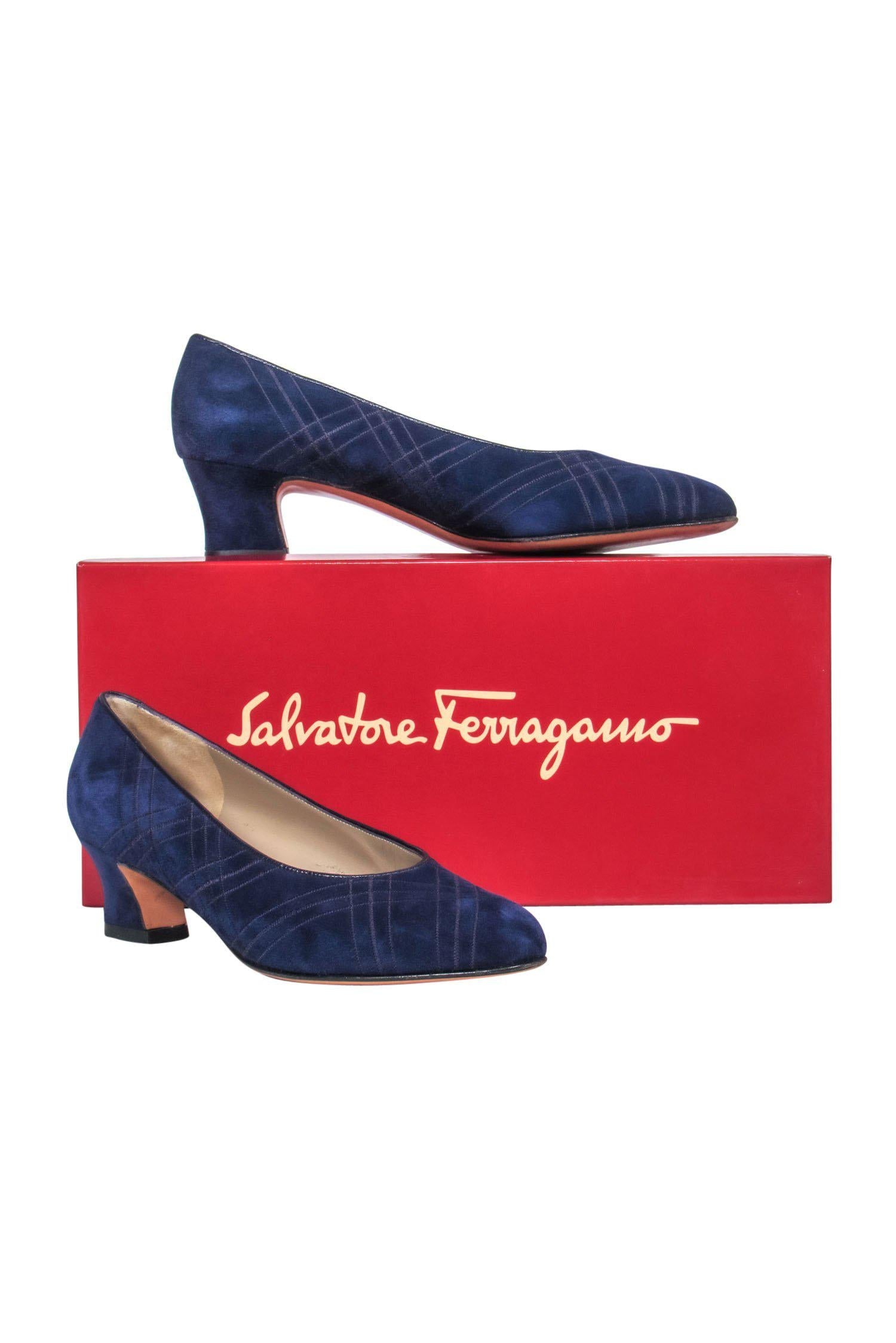 Ferragamo Purple Grid Stitched Suede Heels - Size 5.5 - A Fashion Must-Have!