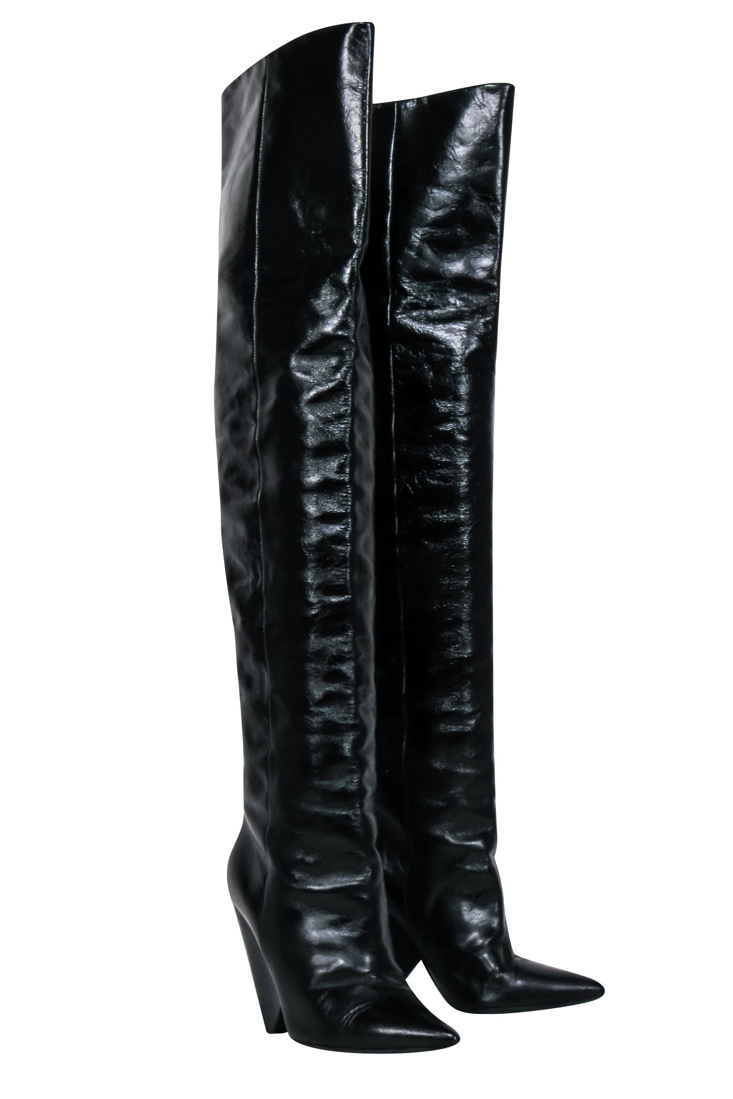 Saint Laurent Black Crinkle Leather Over-the-Knee Boots - Size 8
