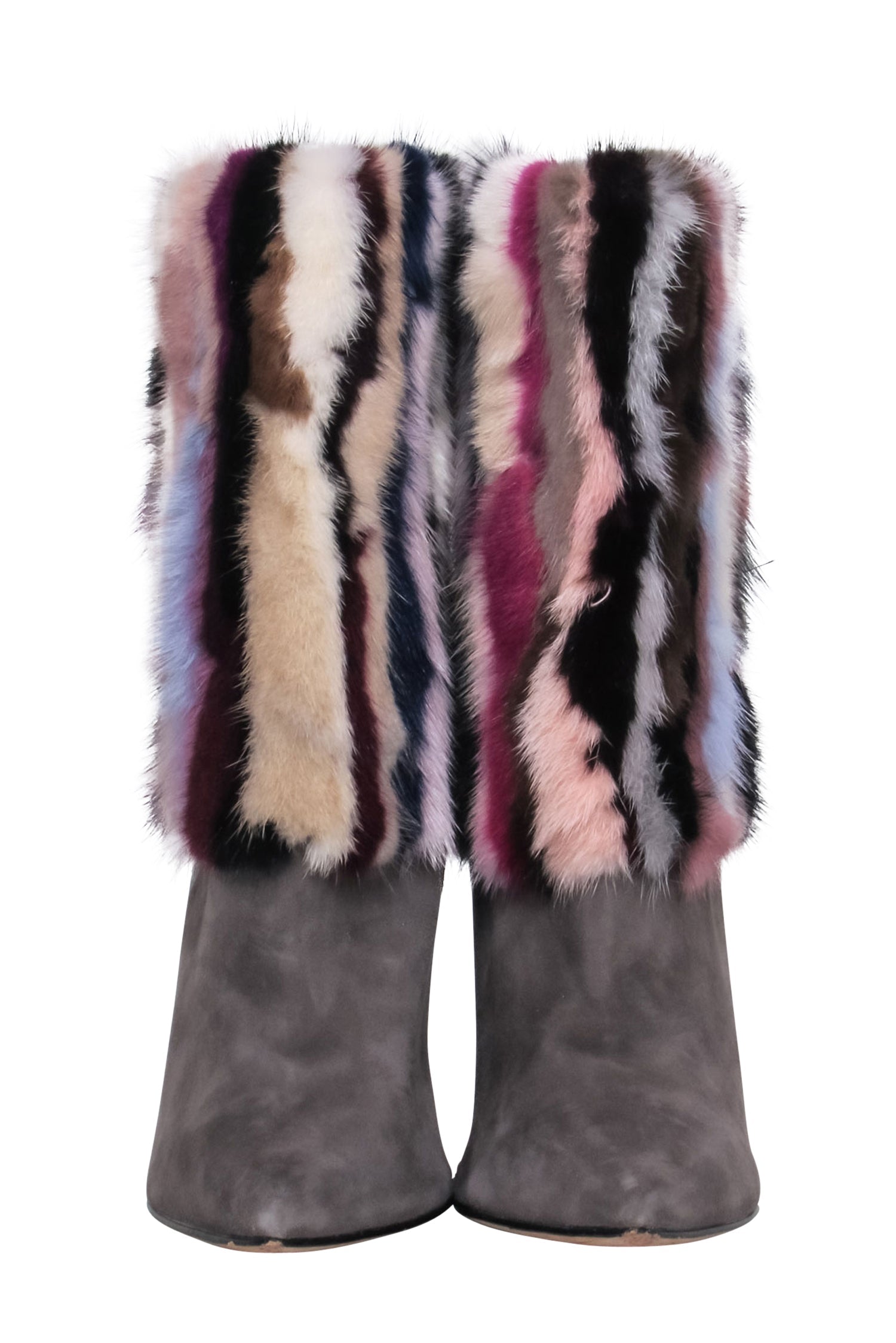 Brian Atwood Grey Suede Pointed Toe Boots with Multicolored Fur - Size 7.5 - A Fashion Statement!