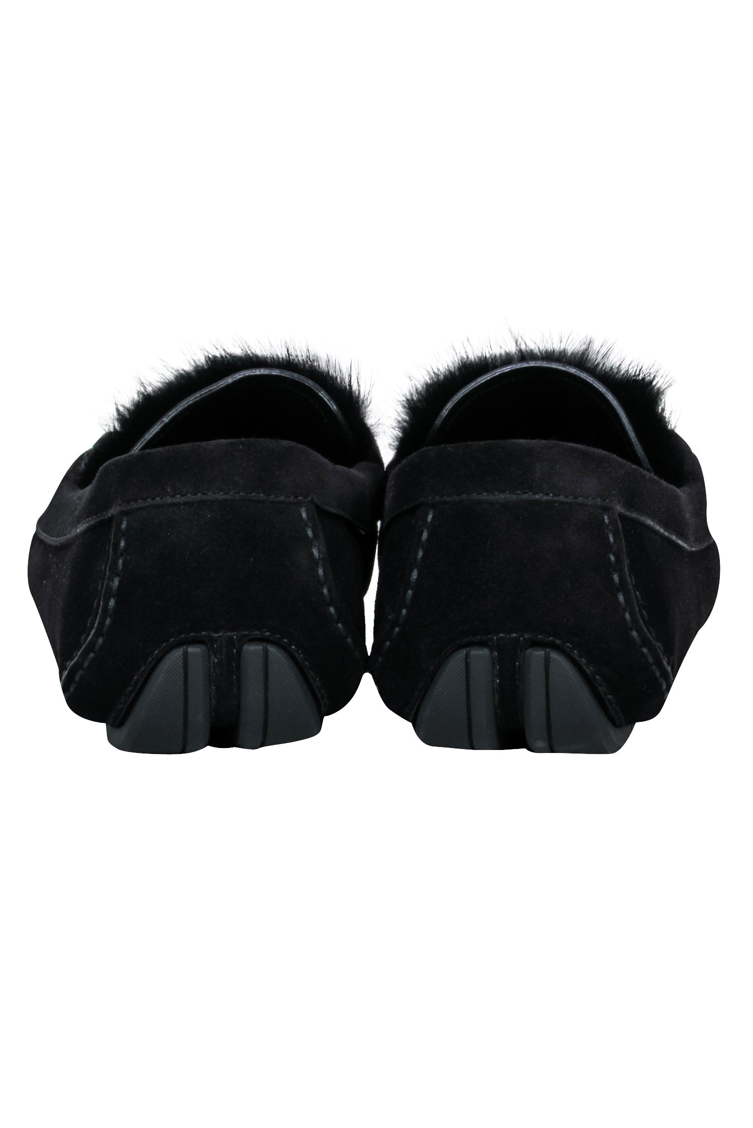 Ferragamo Black Suede Luxury Mink-Trimmed Loafers with Gold Details - Size 11
