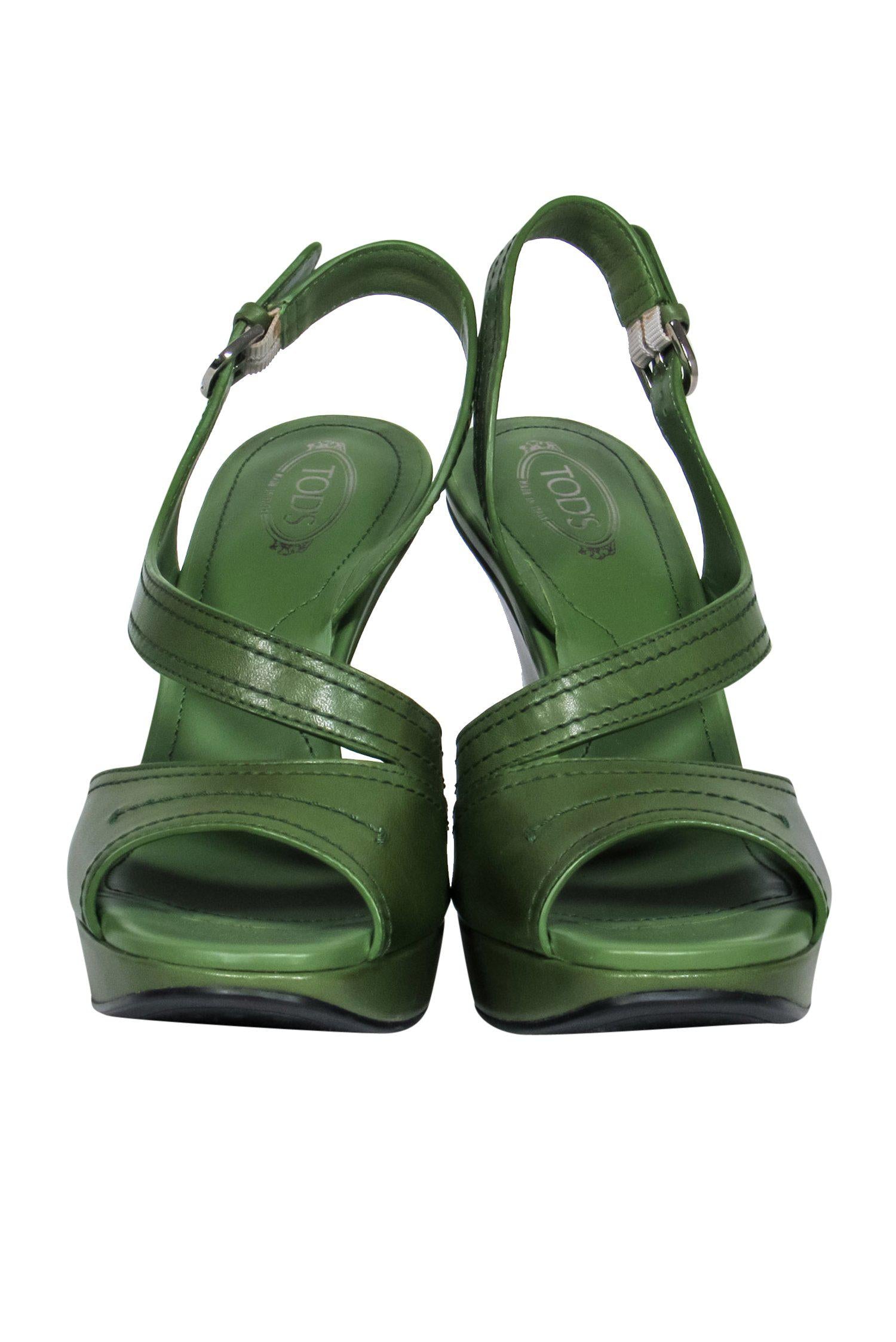 Tod's Green Leather Strappy Open Toe Wedges - Size 7, Summer Must-Haves