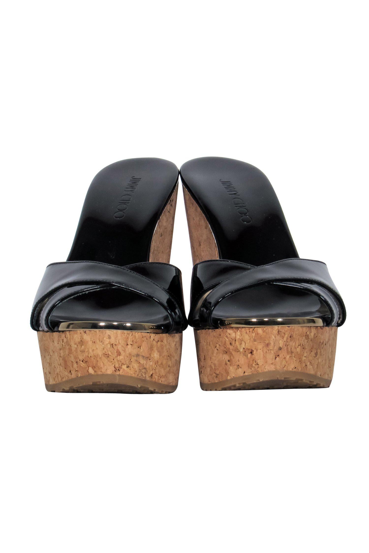 Jimmy Choo Black Patent Leather Slip-On Cork Wedges - Size 6 - Elevate Your Style!