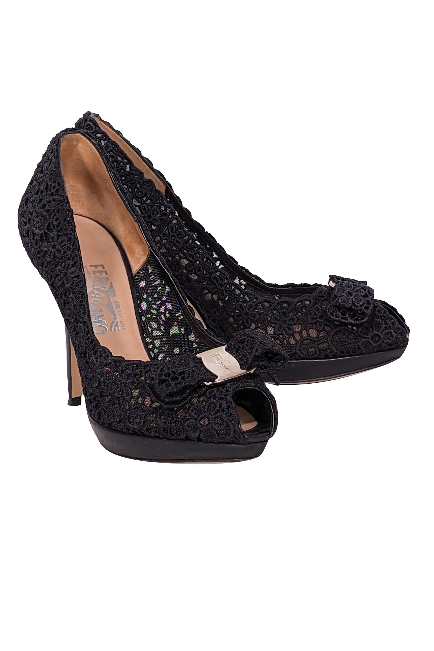 Ferragamo's Alluring Black Eyelet Lace Peep Toe Pumps - Size 8.5