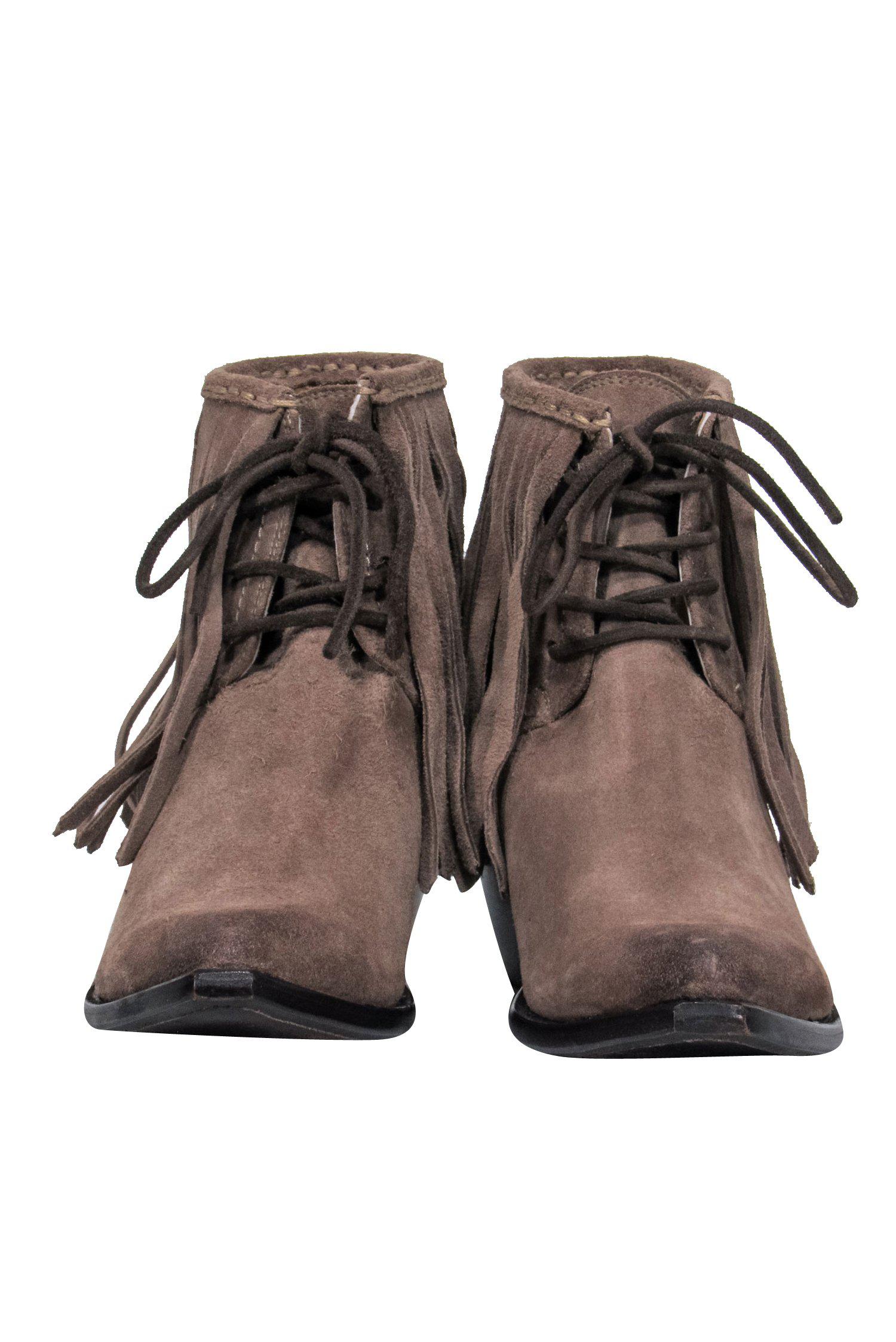 Frye Tan Suede Fringed Lace - Up Heeled Booties Size 8.5