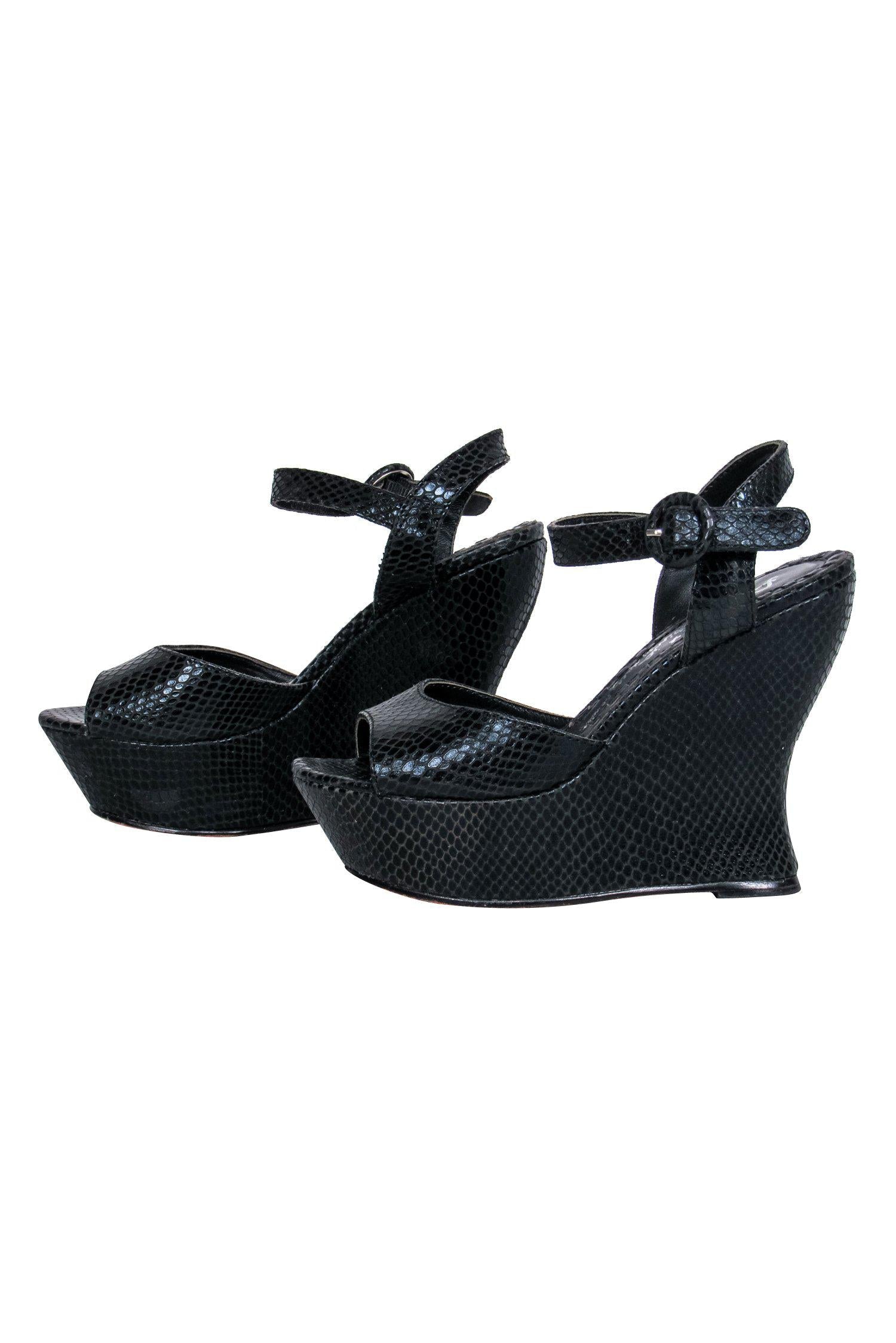 Alice & Olivia's Alluring Black Snakeskin Embossed Peep Toe Wedges - Size 6.5
