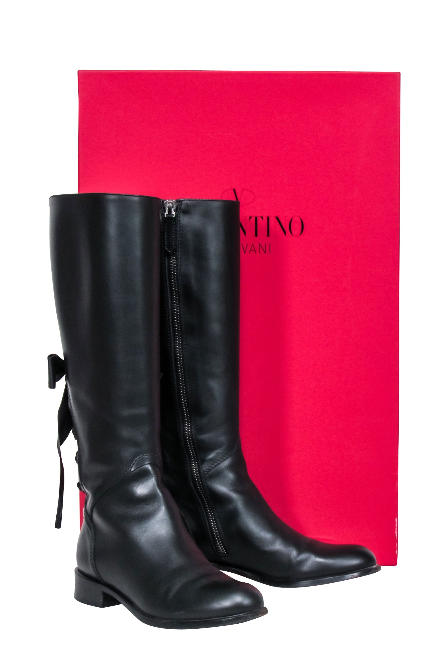 Valentino Black Leather Tall Boots with Lace - Up Bow, Size 7