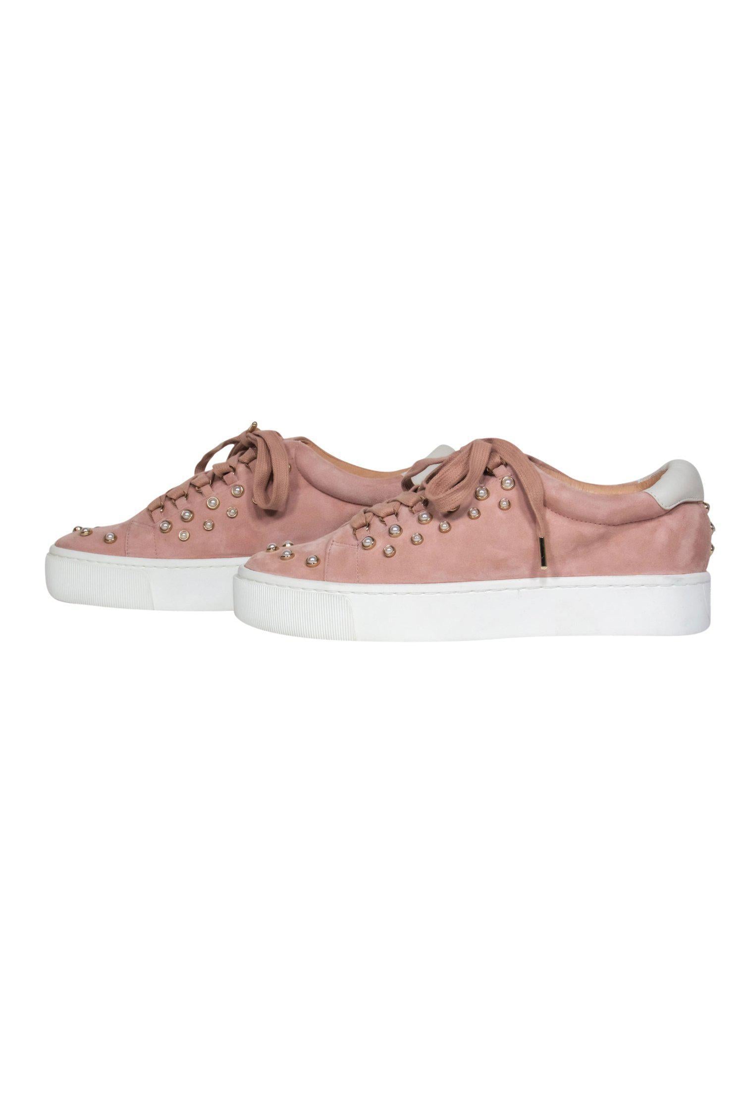 Joie's Stunning Pink Suede Lace-Up Platform Sneakers with Pearl Embellishments - Size 9