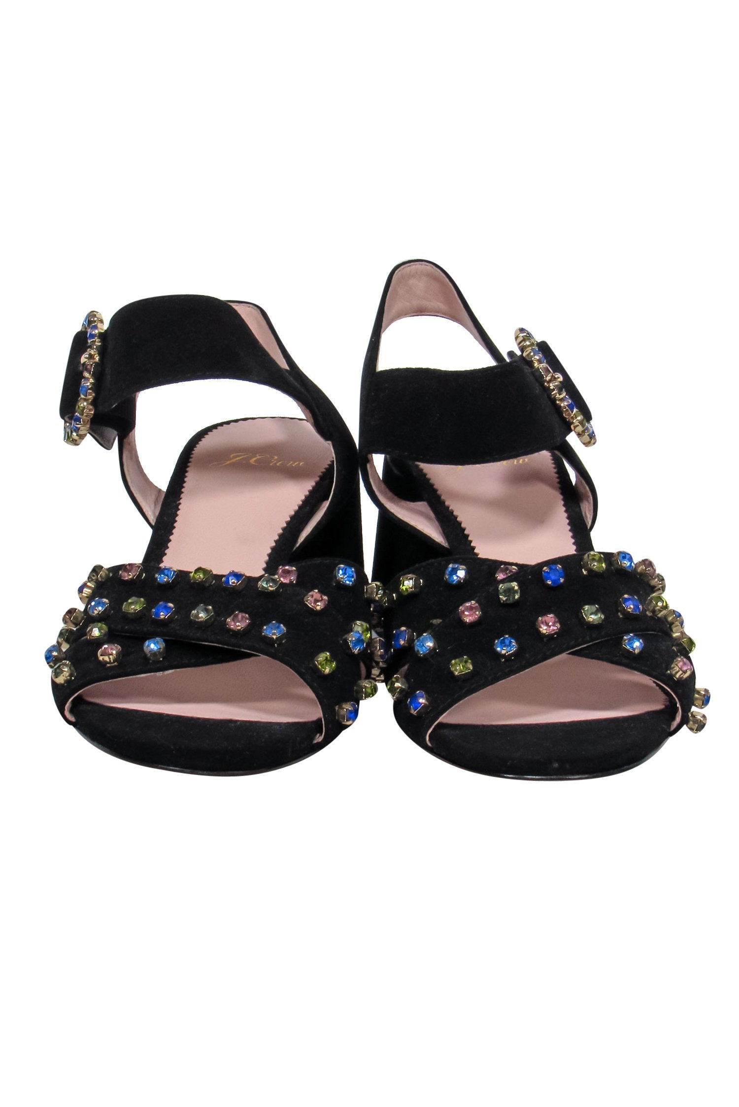 J.Crew Black Suede Strappy Block Heel Pumps with Jewel Embellishments - Size 7.5