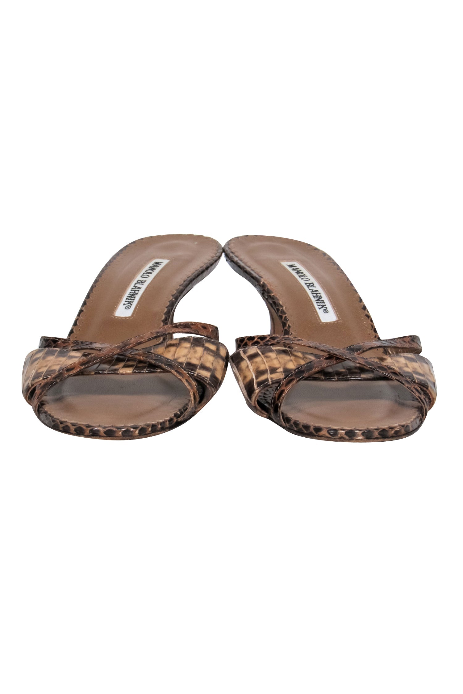 Manolo Blahnik Brown Snakeskin Strappy Open Toe Kitten Heels - Size 7.5: Slithery Chic!
