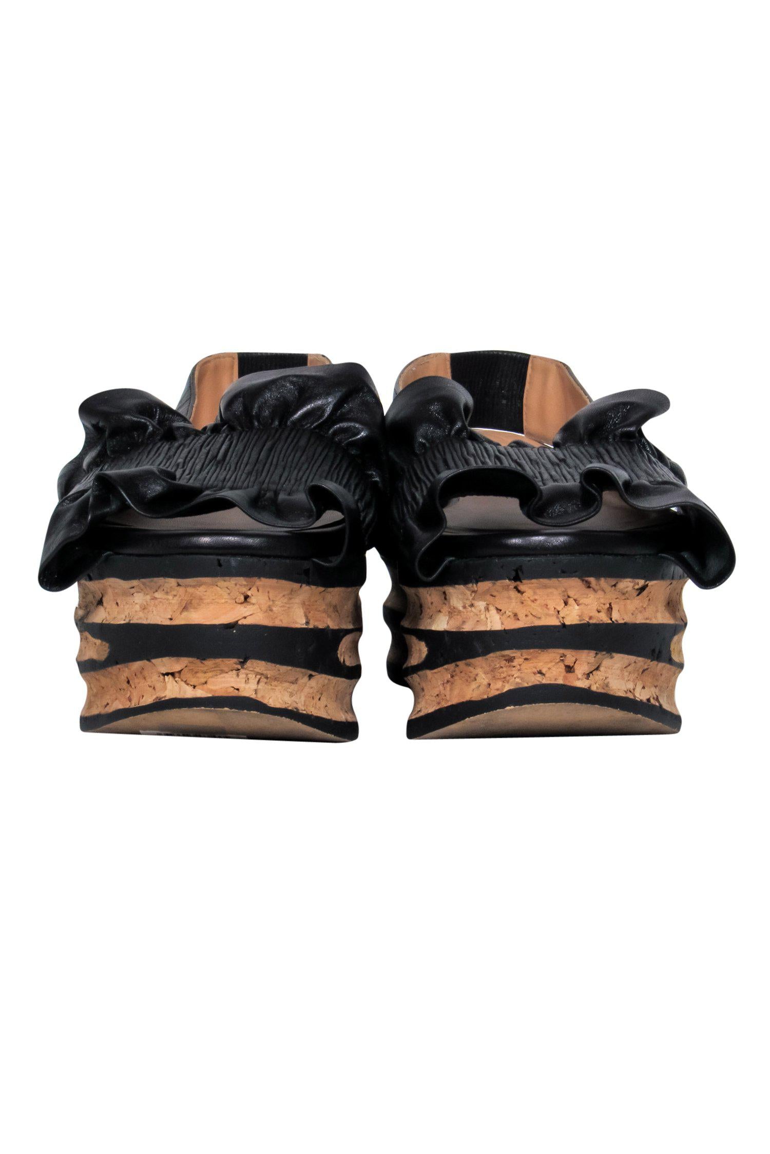 Paloma Barcelo's Black Ruffle Leather Slingback Flatform Sandals - Size 7, a Tropical Downtown Delight