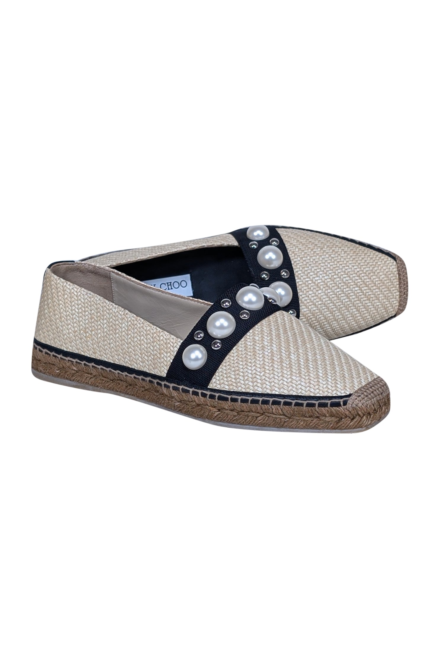 Jimmy Choo - Stunning Beige Raffia & Pearl Trim Loafers in Size 11