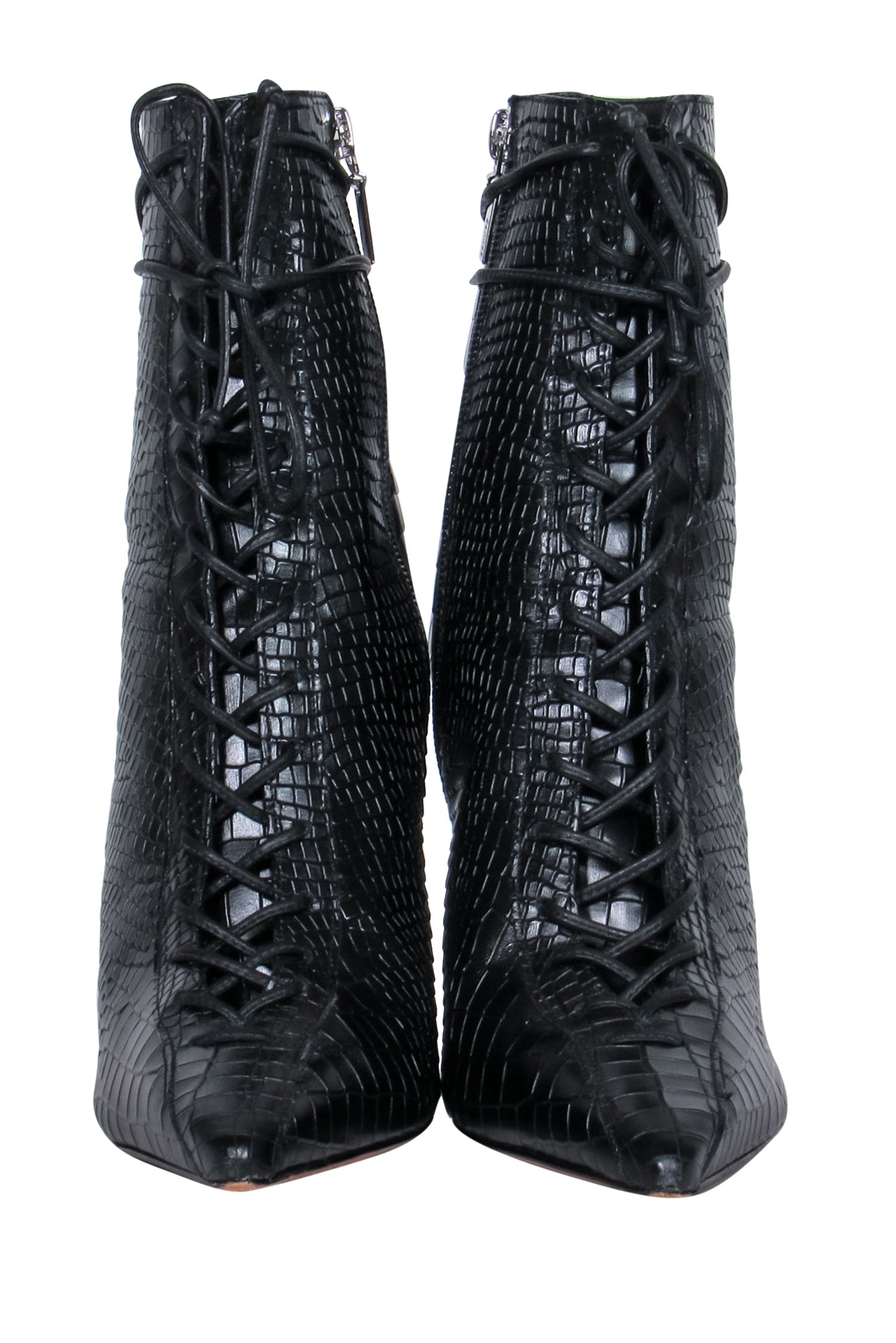 Schutz - Exquisite Black Leather Reptile Embossed Lace - Up Stiletto Booties Size 8.5
