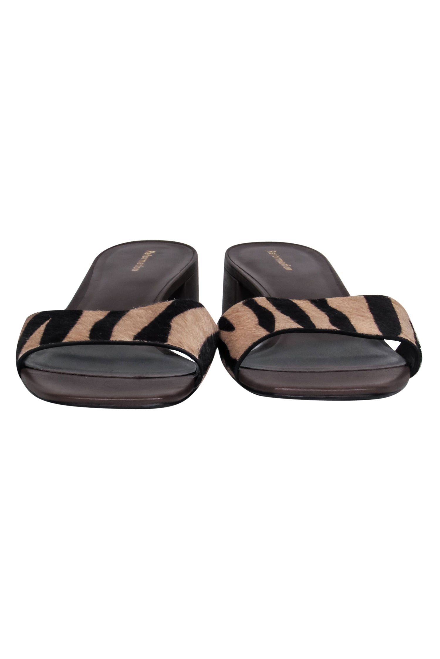 Reformation's Stunning Brown & Tan Calf Hair Animal Print Strappy Mules - Size 8.5