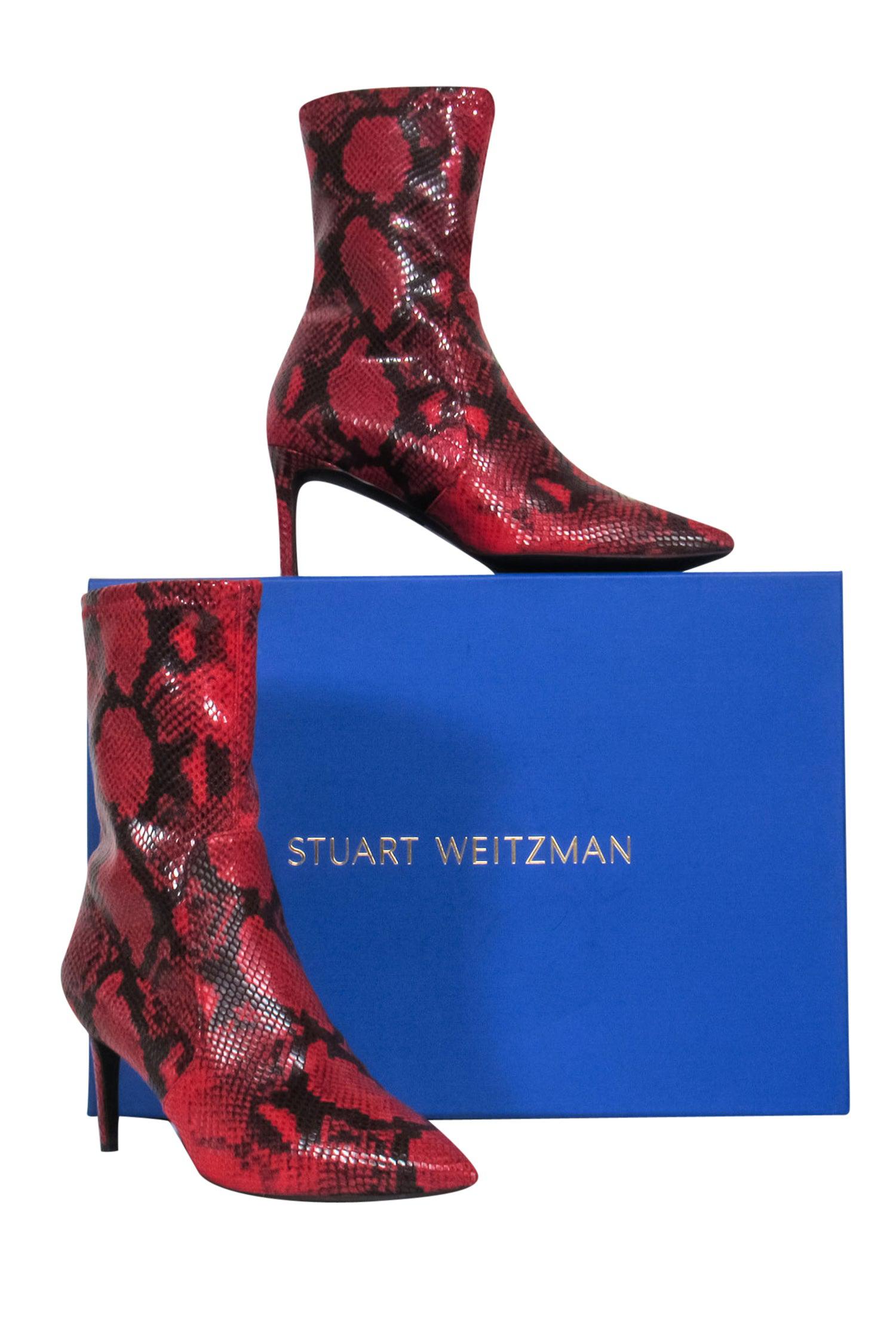 Stuart Weitzman Red & Black Snakeskin Print Heeled Short Boots - Size 8