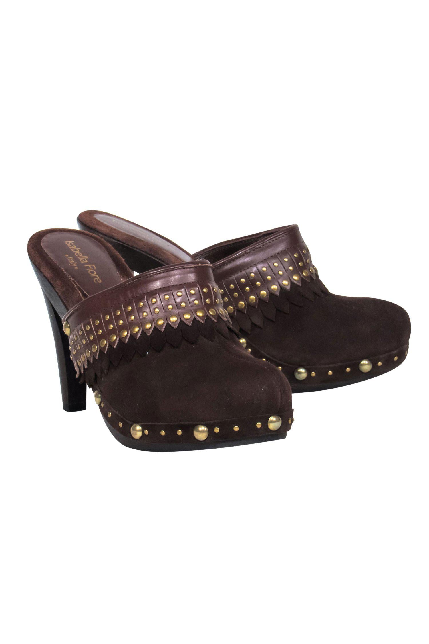 Isabella Fiore Brown Suede Gold Studded Clog Pumps - Size 6