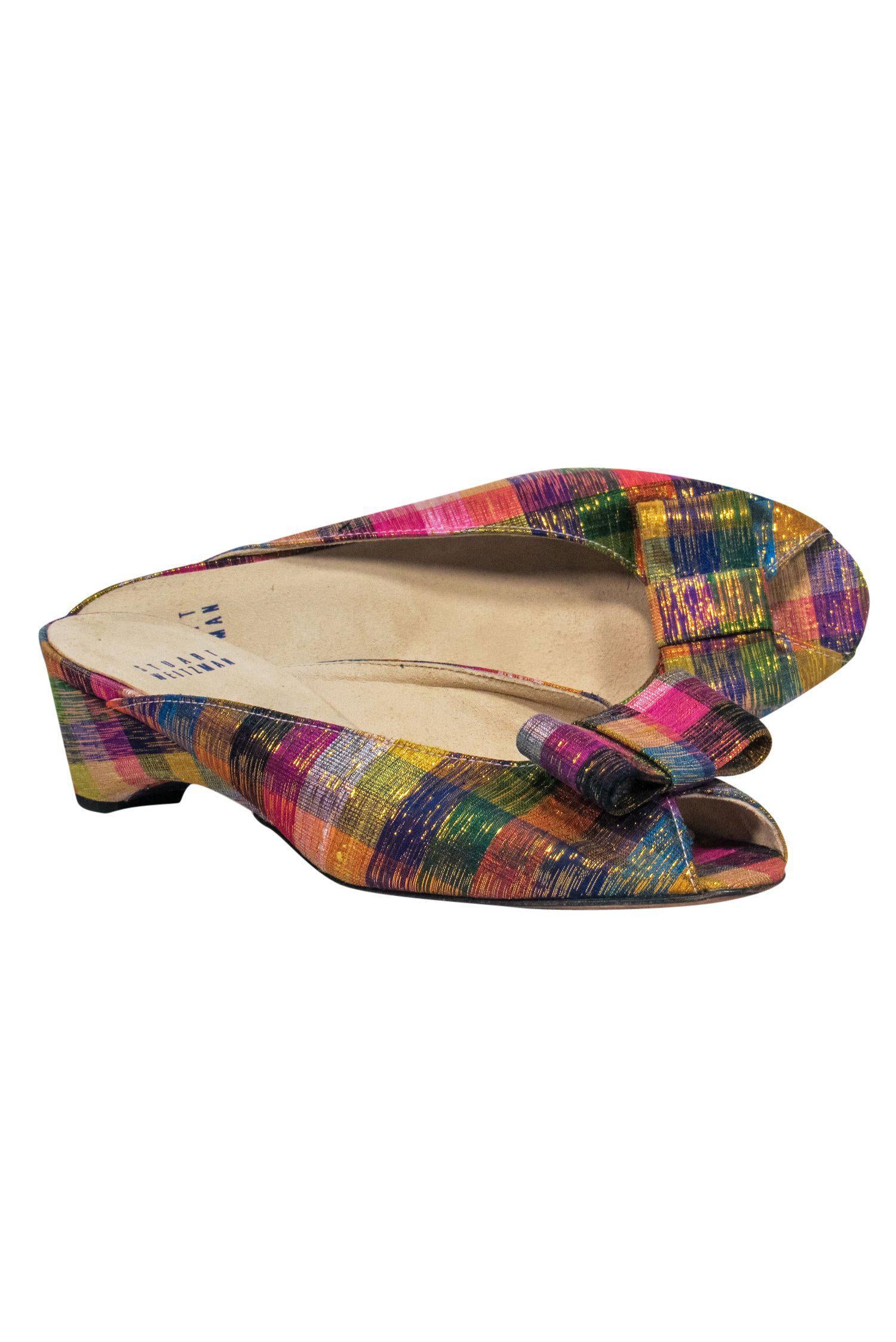Stuart Weitzman's Magical Multicolored Metallic Plaid Peep - Toe Kitten Heels with Bow, Size 7