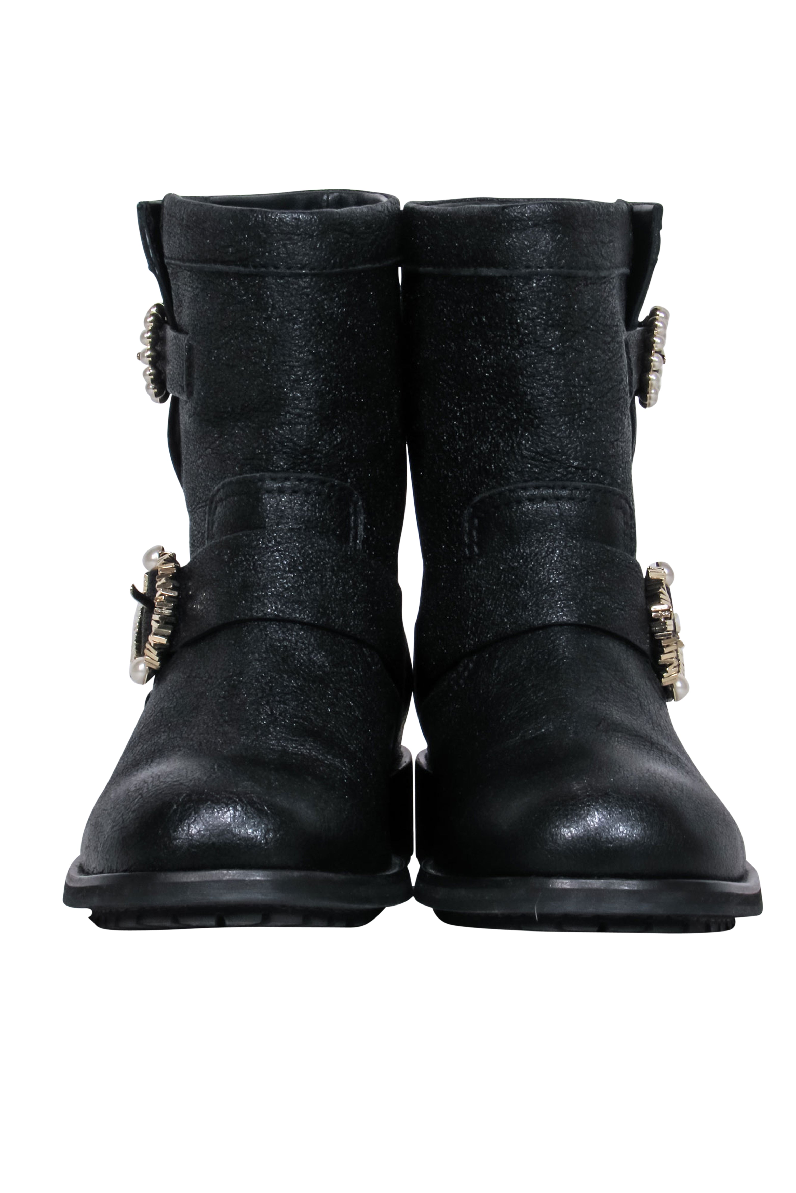 Jimmy Choo Black Sparkle Leather Ankle Lugsole Boots with Pearl Buckles - Size 6.5