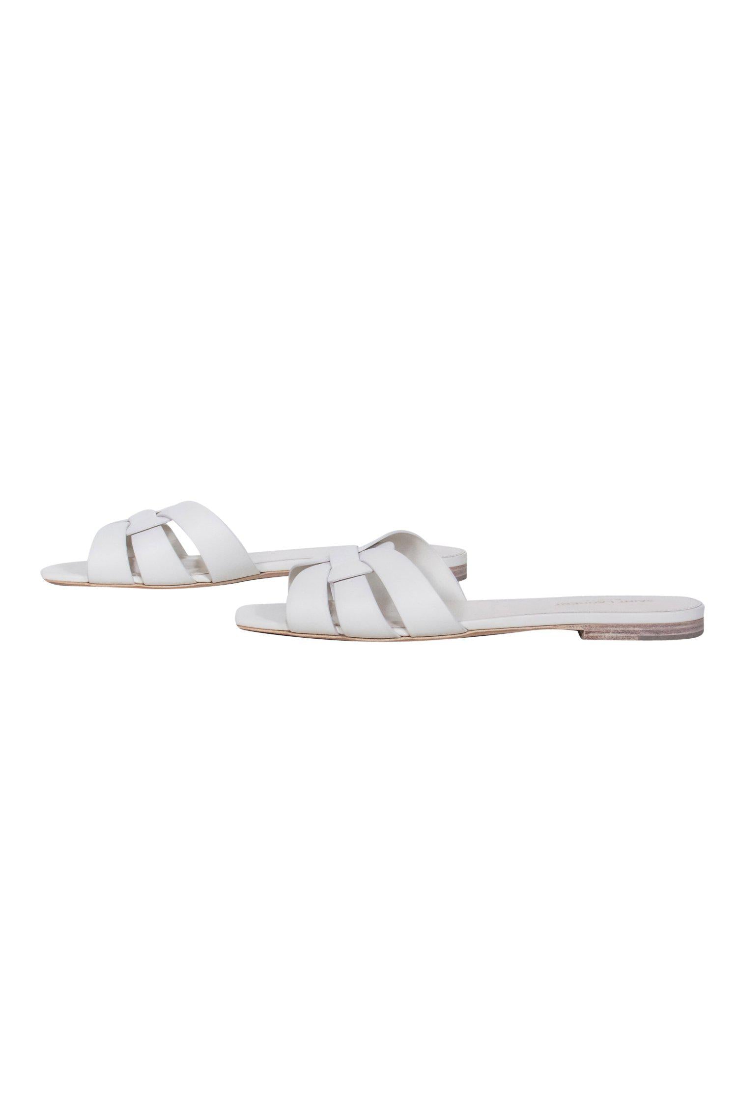 Saint Laurent Ivory Woven Leather Slide Sandals - Size 9 for Effortless Summer Style