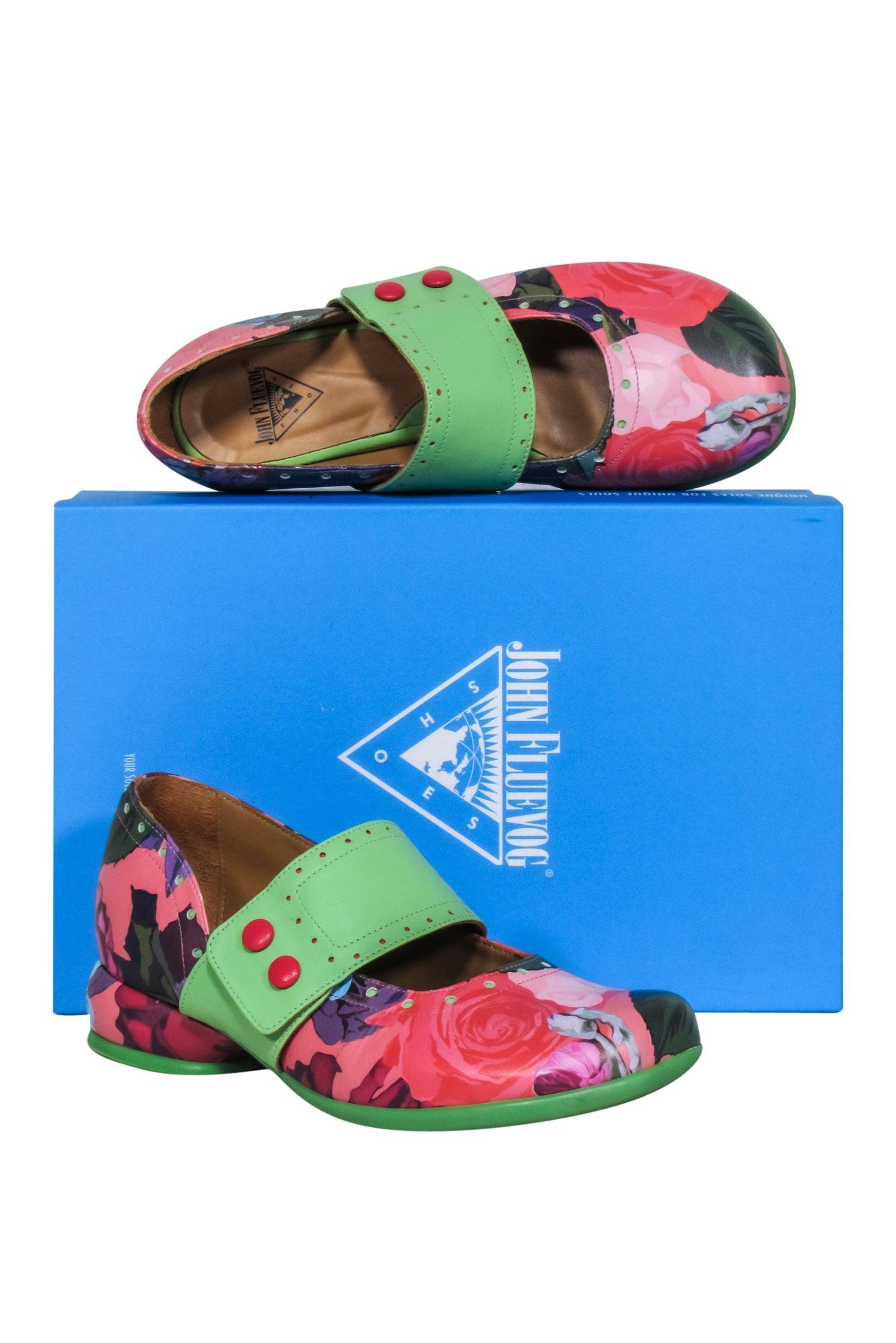 John Fluevog Green & Rose Floral Print Leather Mary Janes - Size 7
