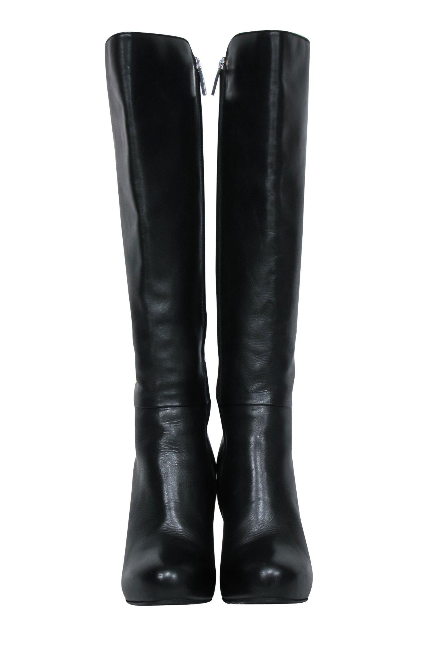Karen Millen's Stunning Black Leather Knee - High Heeled Boots with Buckle, Size 7