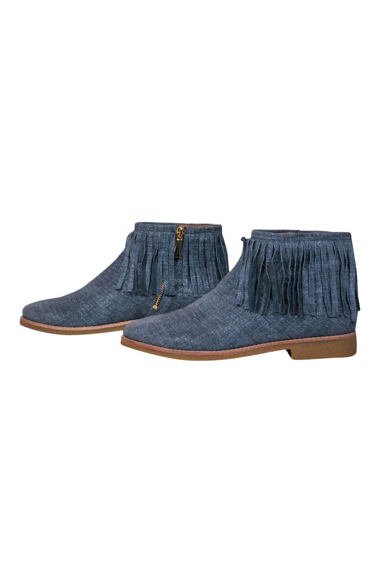 Kate Spade Blue Metallic Chambray 'Bestie' Fringe Booties - Size 9