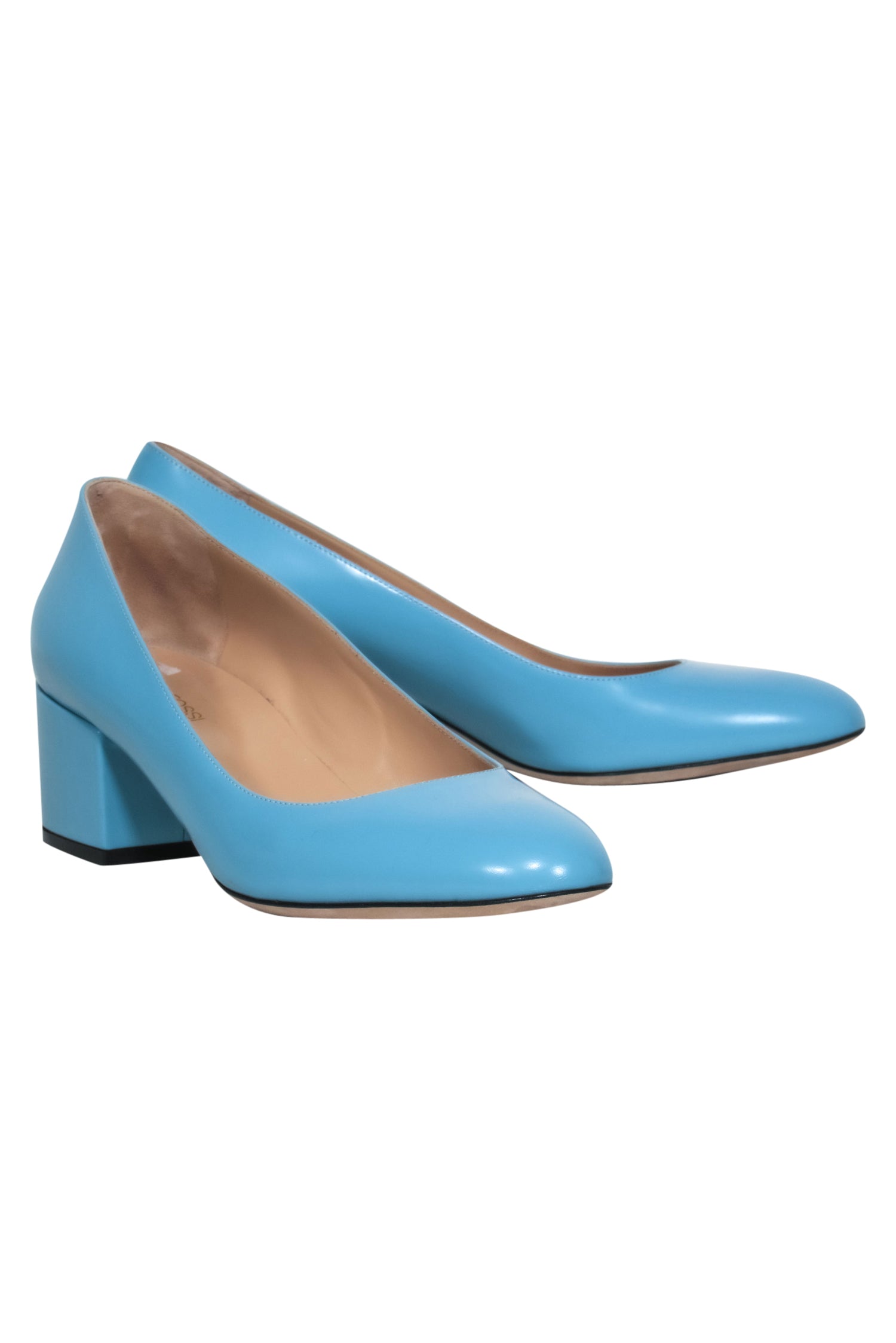 Sergio Rossi Robin Egg Blue Patent Leather Block Heel Pumps - Size 8.5