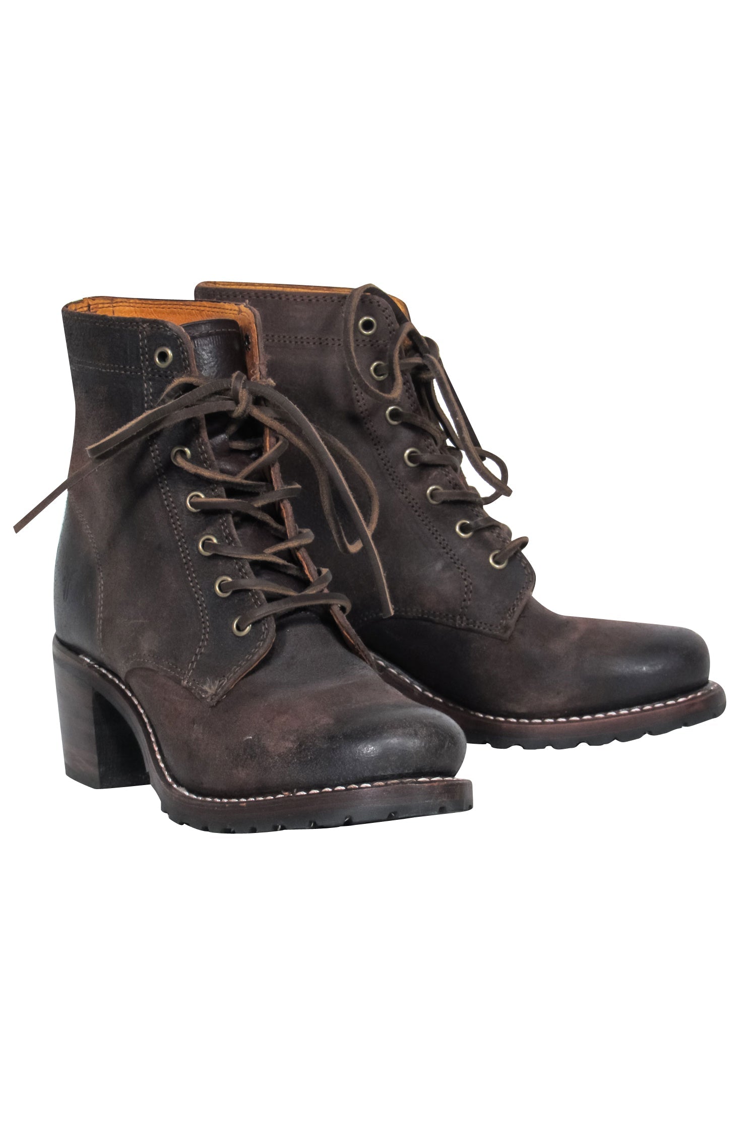 Frye's Stylish Brown Leather Lace - Up Block Heel Booties, Size 7