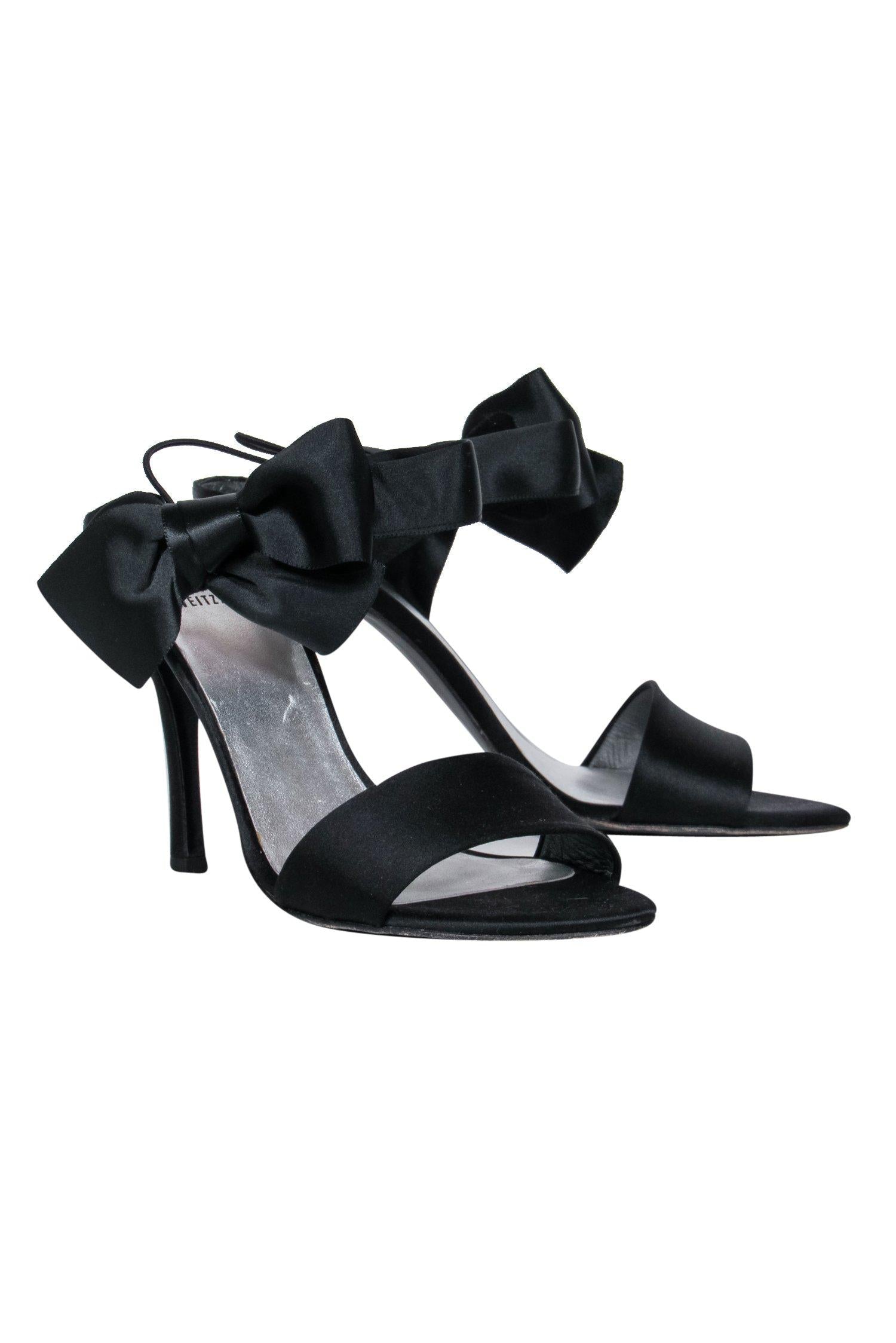 Stuart Weitzman Black Satin Strappy Bow Pumps - Size 8.5