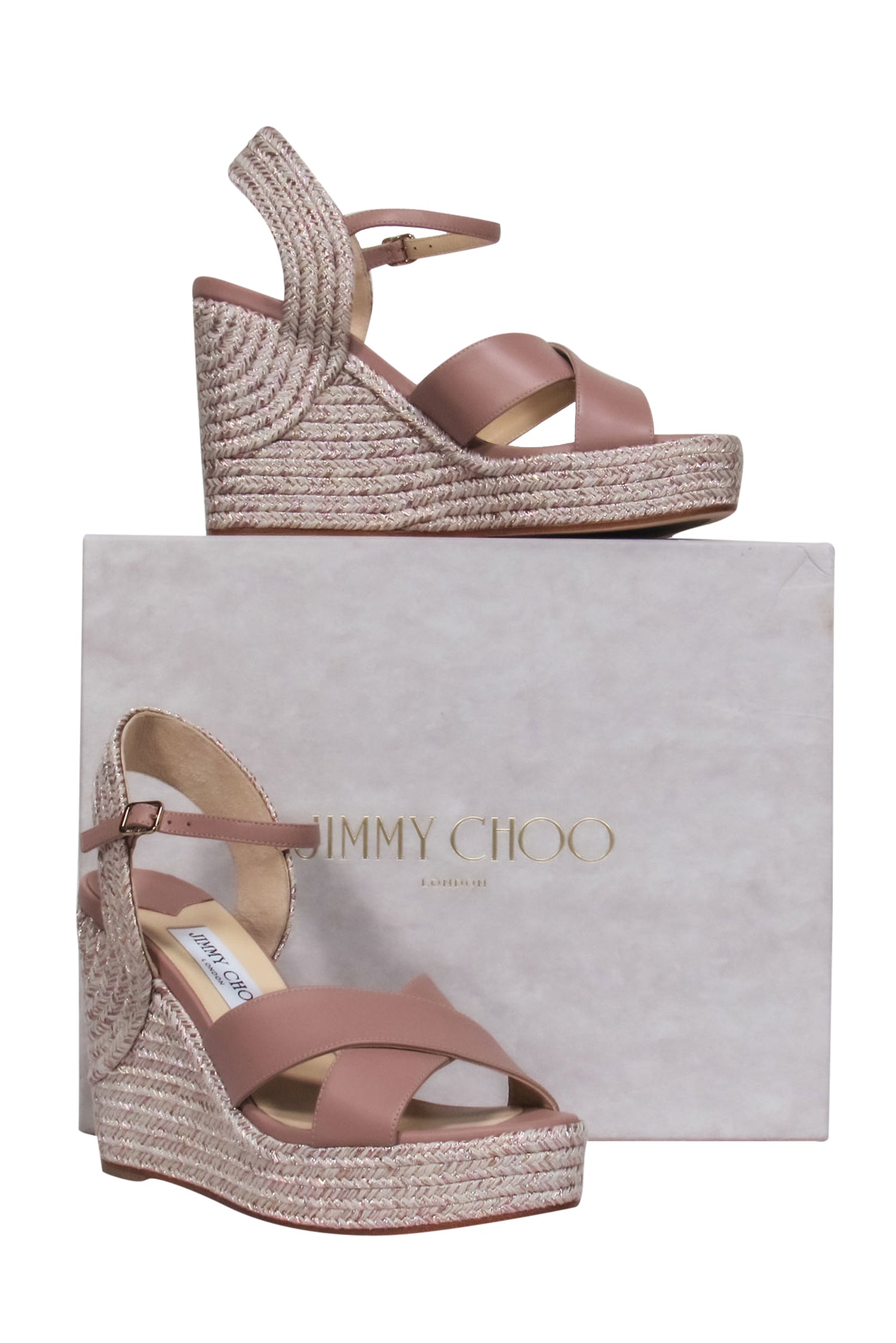 Jimmy Choo Pink Leather & Metallic Rope Trim Wedge Espadrille Heels - Size 8