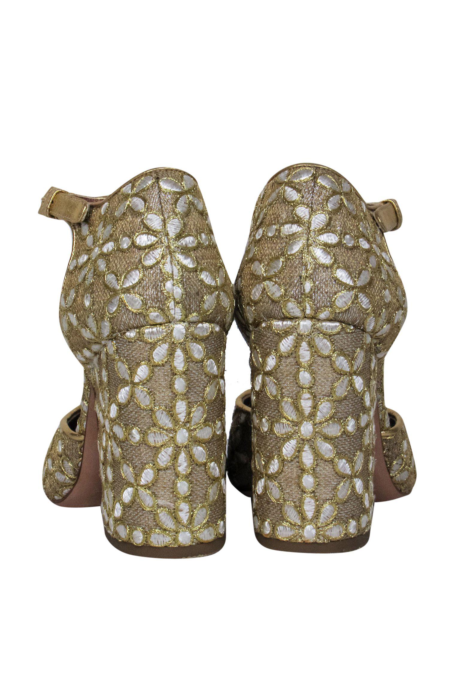 Laurence Dacade Gold Floral Embossed Mary Jane Pumps - Size 7