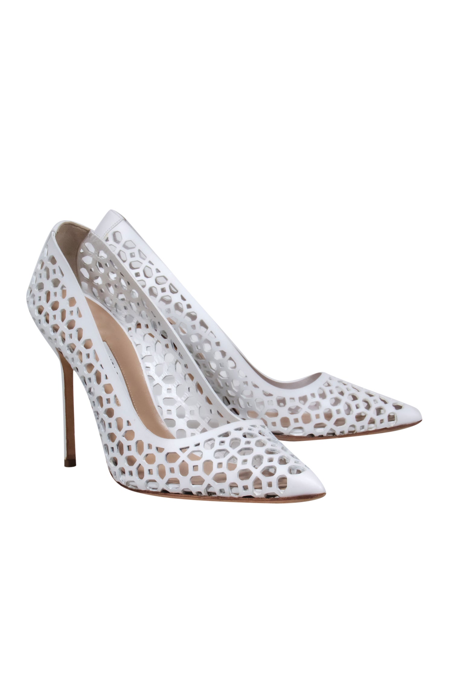 Manolo Blahnik White Leather Laser-Cut Pointed Toe Pumps - Size 10, A Stunning Statement Piece